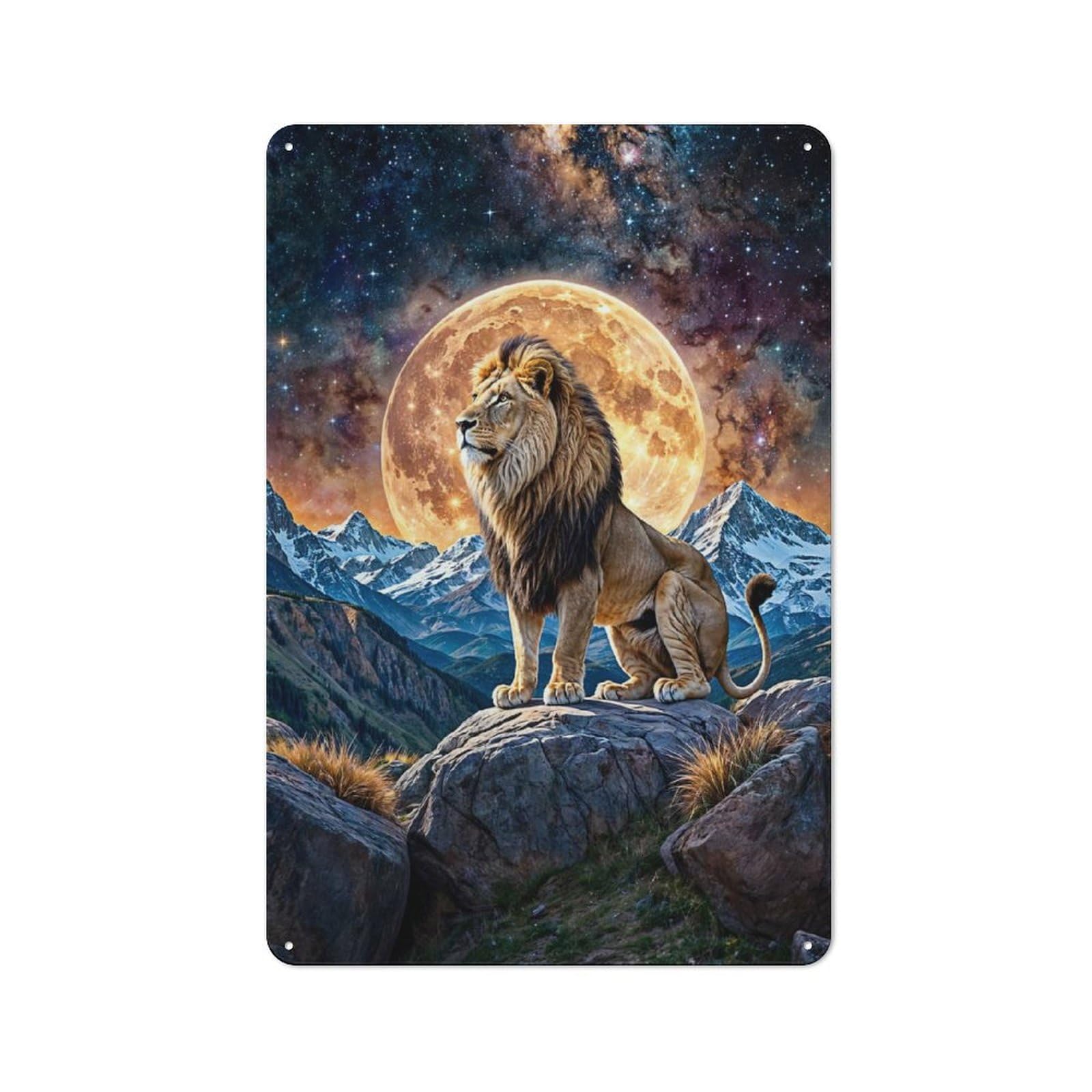 Decorative Metal Plaque with Lion on Rock with Moon And Stars Design 30x20cm, Warehouse Style Loft Wall Plaque for Flat, Bar, Studio Or Gallery Wall