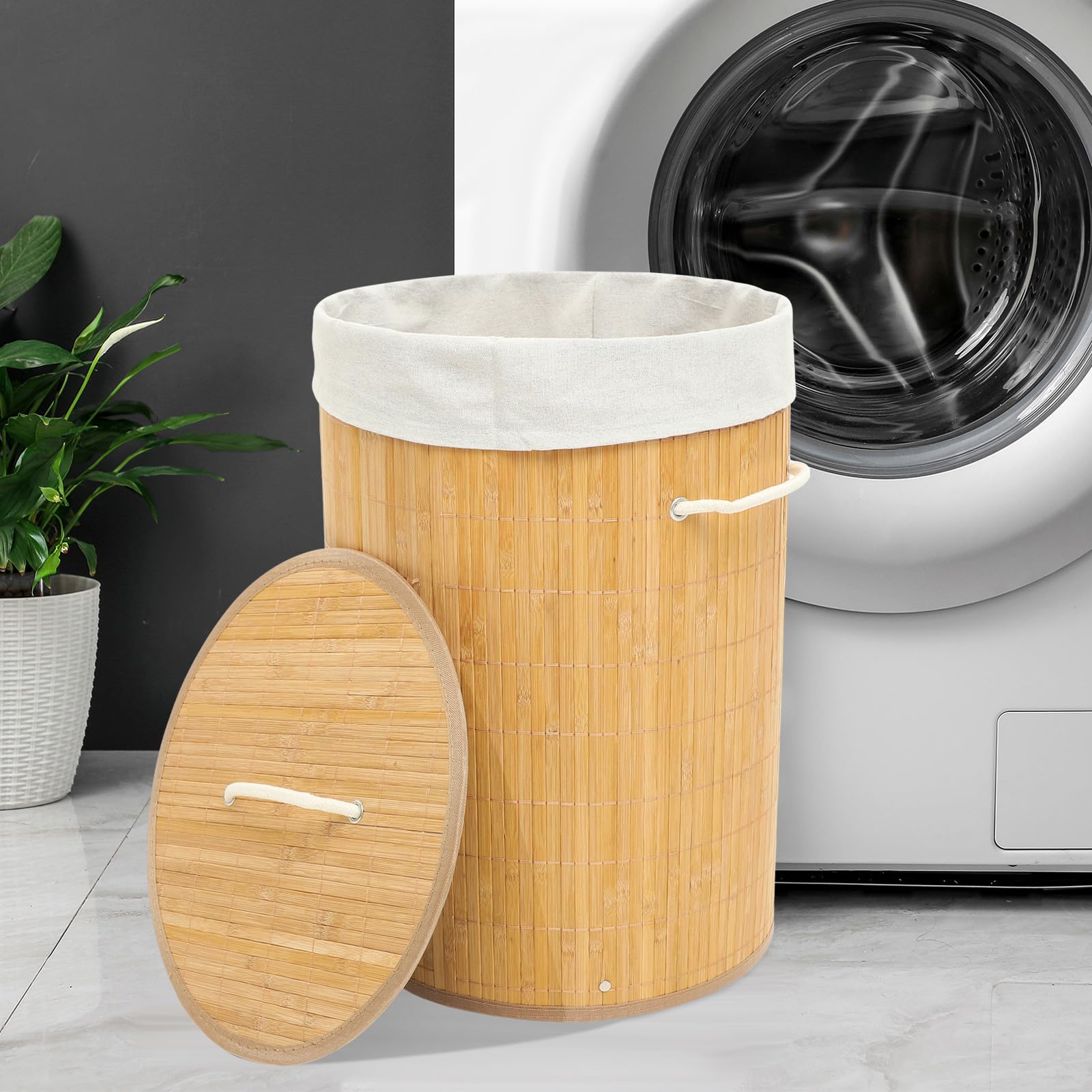 DOITOOL Cesto de Bambú con Tapa para Ropa Sucia, Cesta de Almacenaje Práctica y Elegante de 35x35x50 Cm, Adecuado para Baño o Lavandería con Diseño Rural y Resistente
