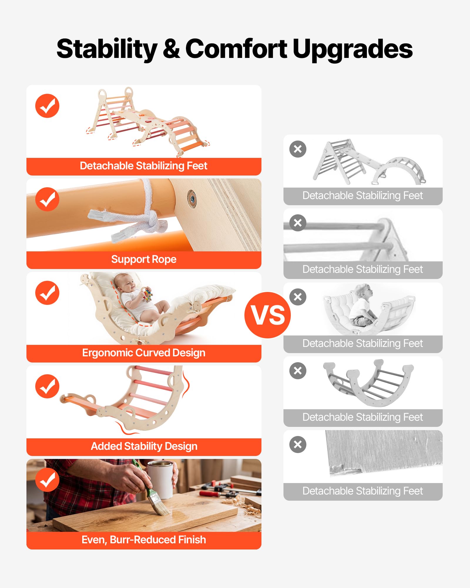 VEVOR Kletterdreieck, 9-in-1 Kletterspielzeug, mit Holzautos, Kissen, Kletterdreieck, Rutsche & Kletterbogen, bis 68 kg, Montessori Indoor Spielset für Kinder im Alter von 1 bis 3 Jahren, Orange