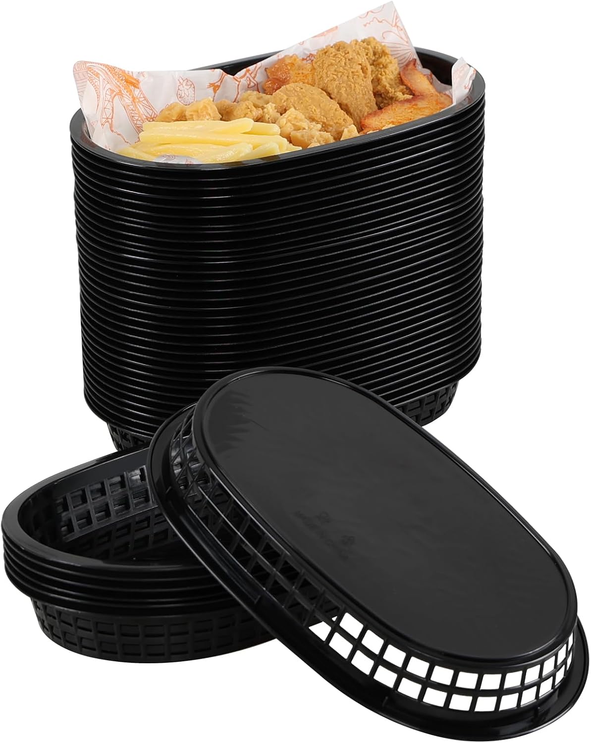 40 Packs Plastic Fast Food Baskets for Serving,10.62" X 6.81" Retro Oval Food Serving Baskets for Restaurant, Black