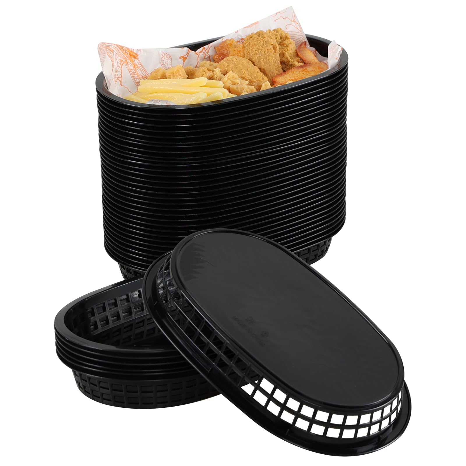 Ziglous 40 Packs Plastic Fast Food Baskets, Reusable Plastic Restaurant Serving Baskets, Black