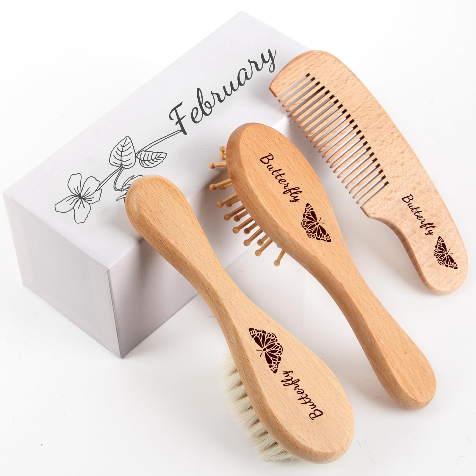 Personalized Baby Hair Brush & Comb Set with Soft Goat Bristles,Custom Laser Engraved Name,Newborn Grooming Kit with Birth Flower Gift Box (February)