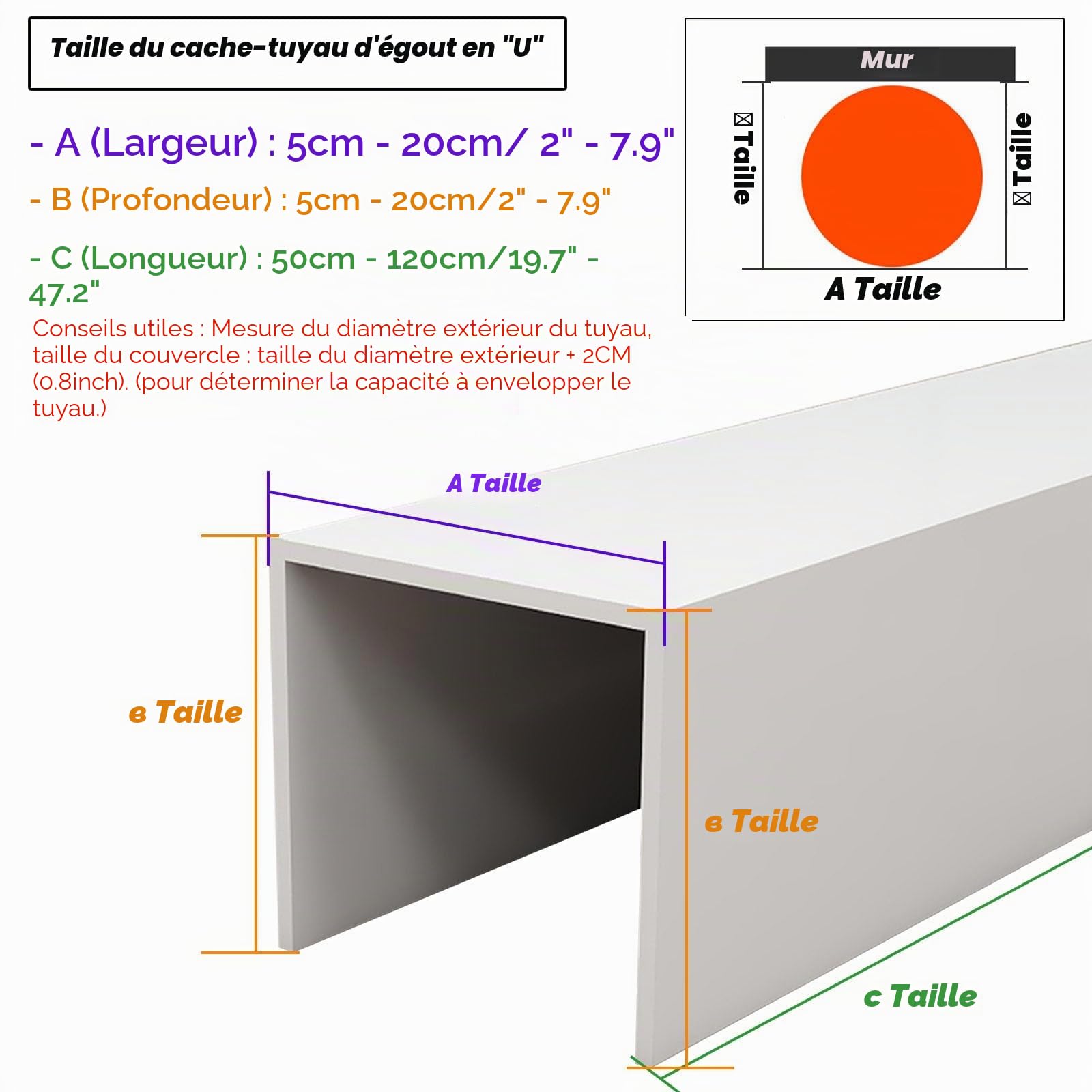 Cache-tuyau mural en PVC pour évier de cuisine ou salle de bain, cache-cernes pour tuyaux d'eau, canal carré pour câbles, chemin de roulement blanc