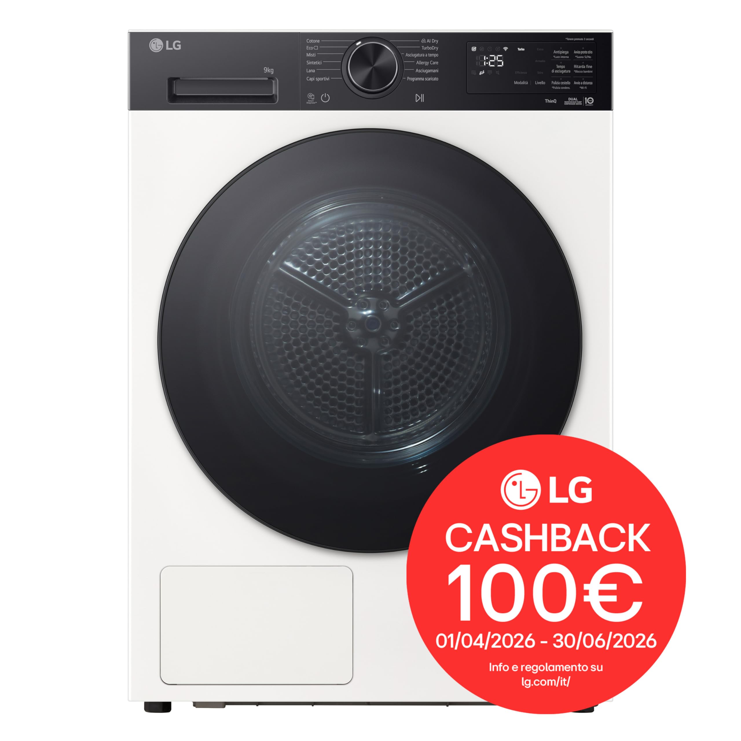LG RNX5009TWBB Asciugatrice 9Kg Pompa di Calore DUAL Inverter, Classe B, Asciugatura AI Dry con Intelligenza Artificiale, Wi-Fi, Serie X5, Direct Drive, Allergy Care, Essence White Black Panel e Knob