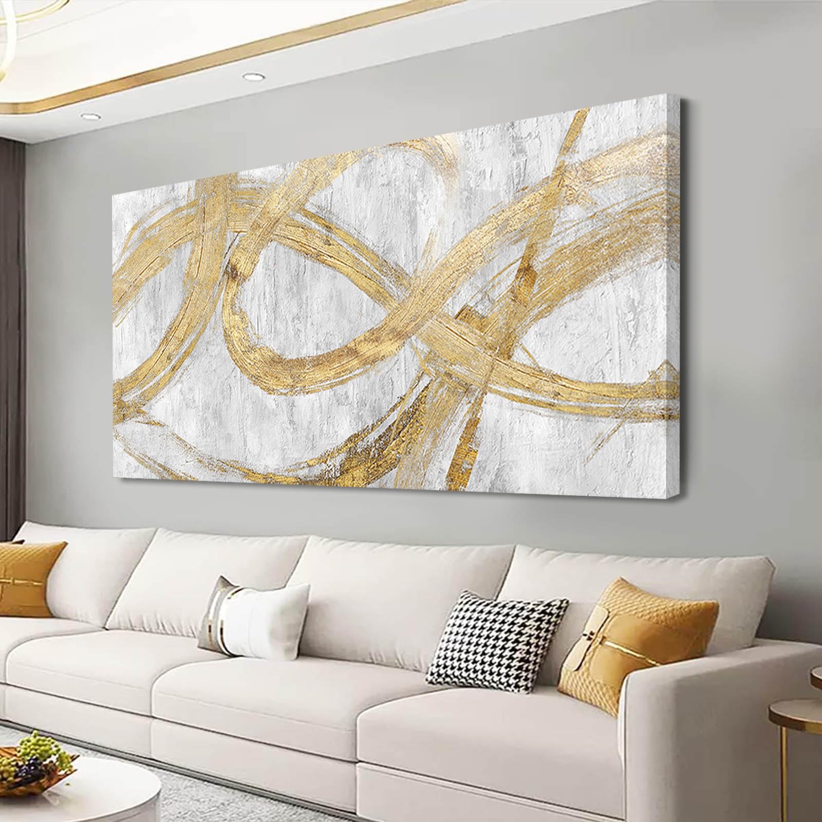 Graffiti Framed Wall Painting Gold Line Art 29"x 58" Living Room Abstract Artwork Master Bedroom Wall Decor Large Size 29"x 58" White Picture Print