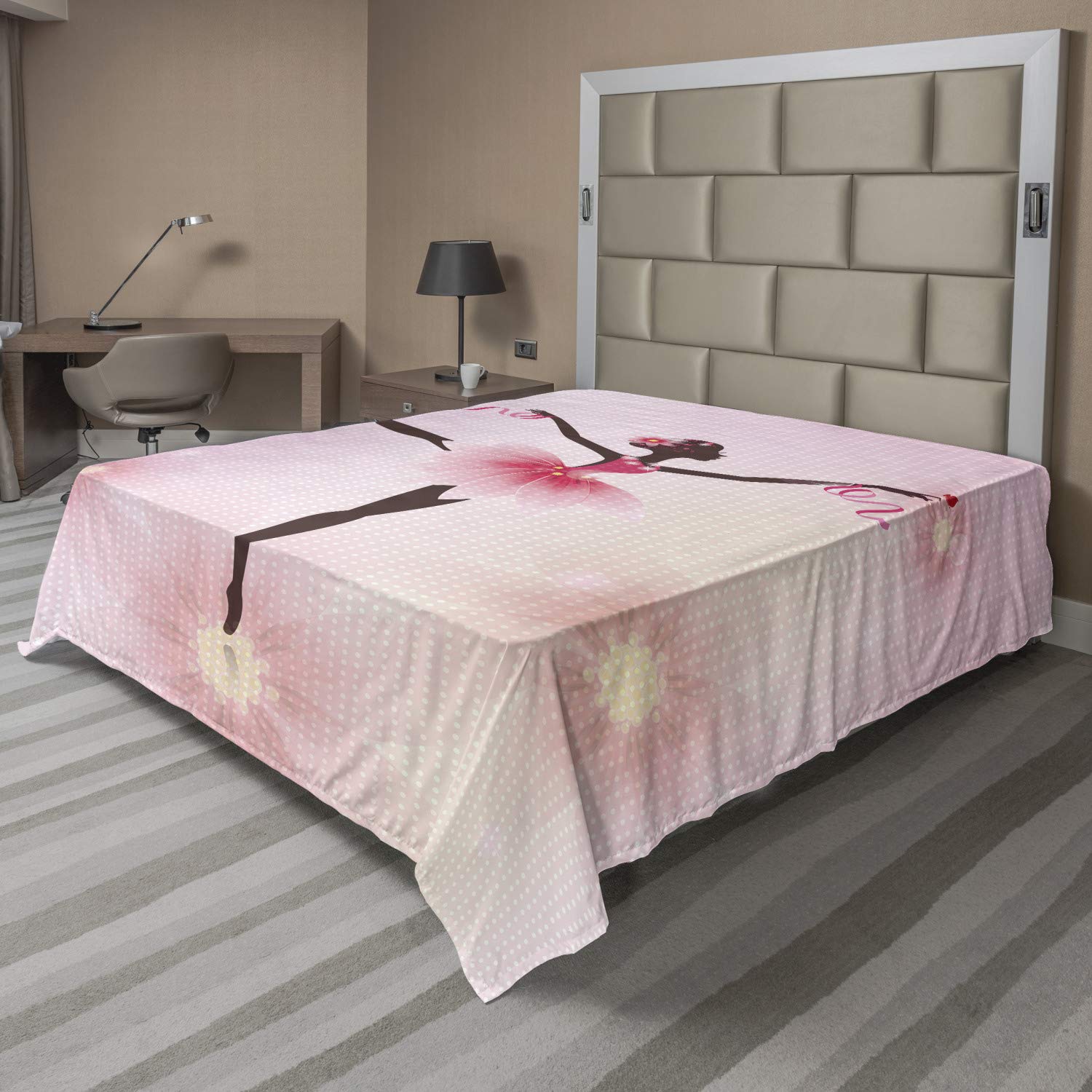 Ambesonne Girls Flat Sheet, Ballerina Silhouette with a Tutu on Dotted Floral Background Feminine, Soft and Comfortable Top Sheet Decorative Bedding 1 Piece, Full Size, Pink Umber and Pale Pink