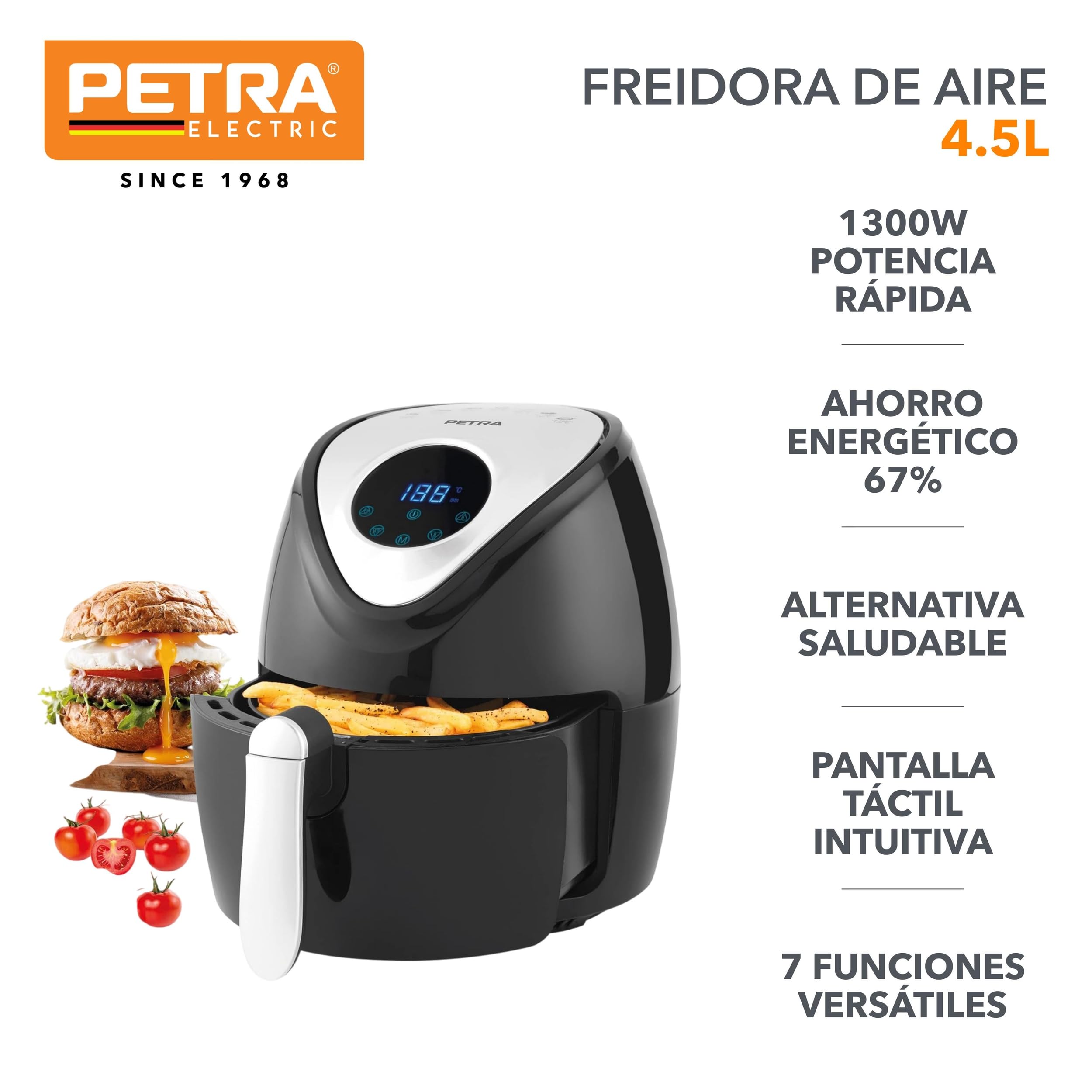 Petra PT4221VDEEU7 Freidora De Aire Eléctrica Sin Aceite, Convección de Aire Caliente, 4,5 Litros, Recipiente Antiadherente, Temporizador De 30 Minutos, 7 Funciones, Pantalla Táctil, 1300 W, Negro | Cesta extraíble antiadherente, hasta 200 °C, temporizado