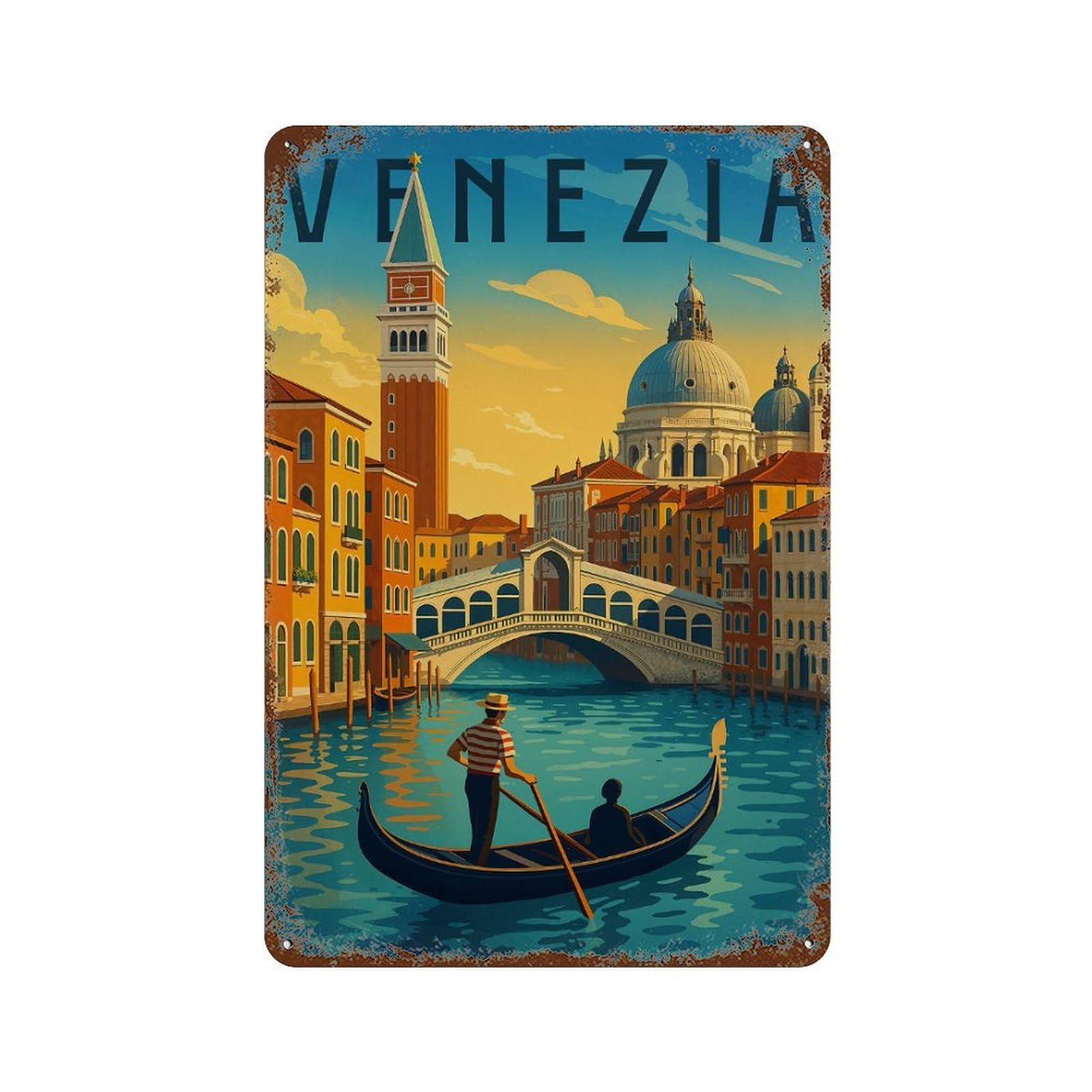 Rust Effect Venice Travel Poster – Romantic Gondola And Sunset Canal Vintage Rust Metal Sign 11.8"x7.9", Old School Wall Decor for Basement, Hobby Room And Garage Decor