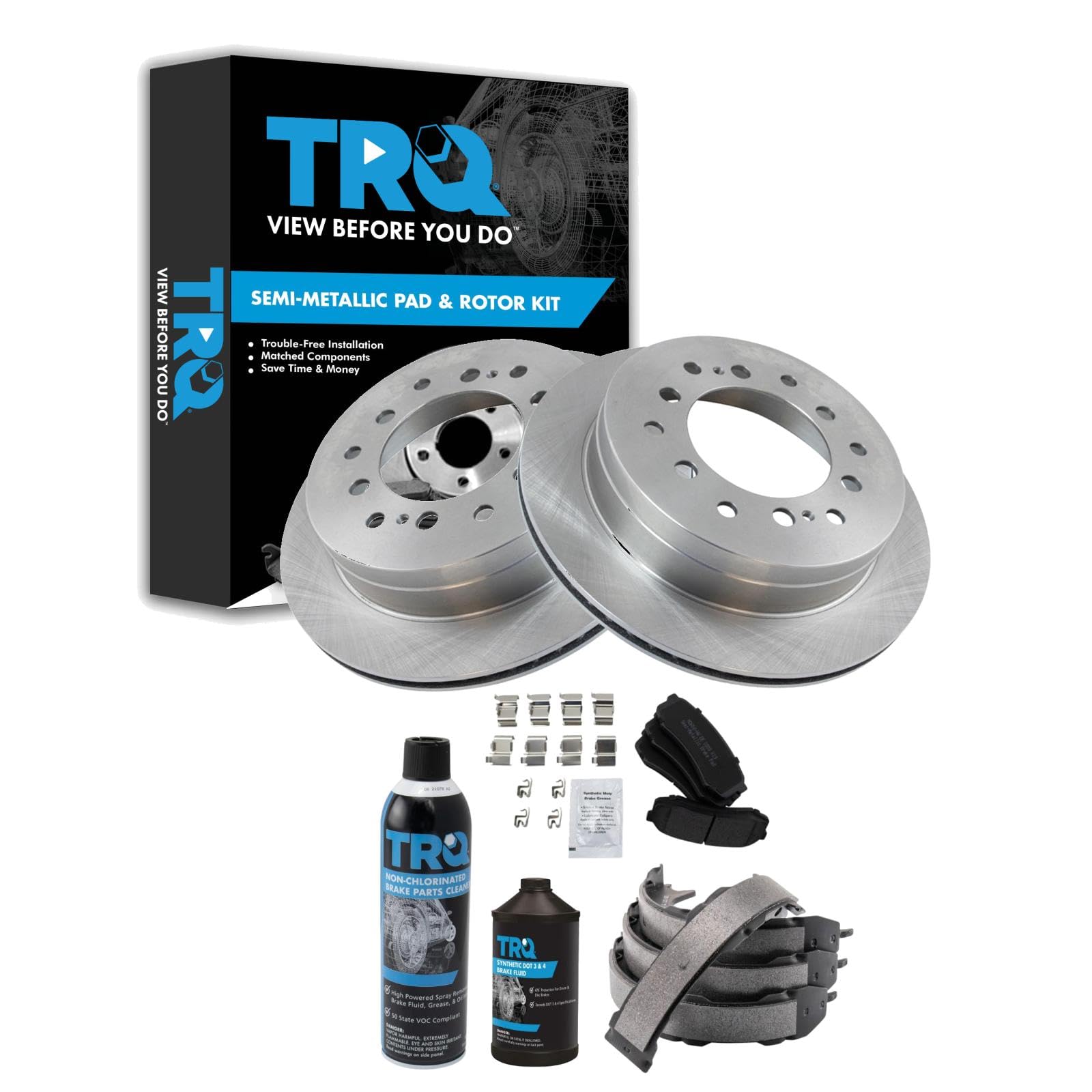 TRQ Rear Brake Pad &amp; Rotor Kit Semi-Metallic Compatible with 2003-2009 Lexus GX470 Toyota 4Runner 2007-2009 FJ Cruiser 2001-2007 Sequoia