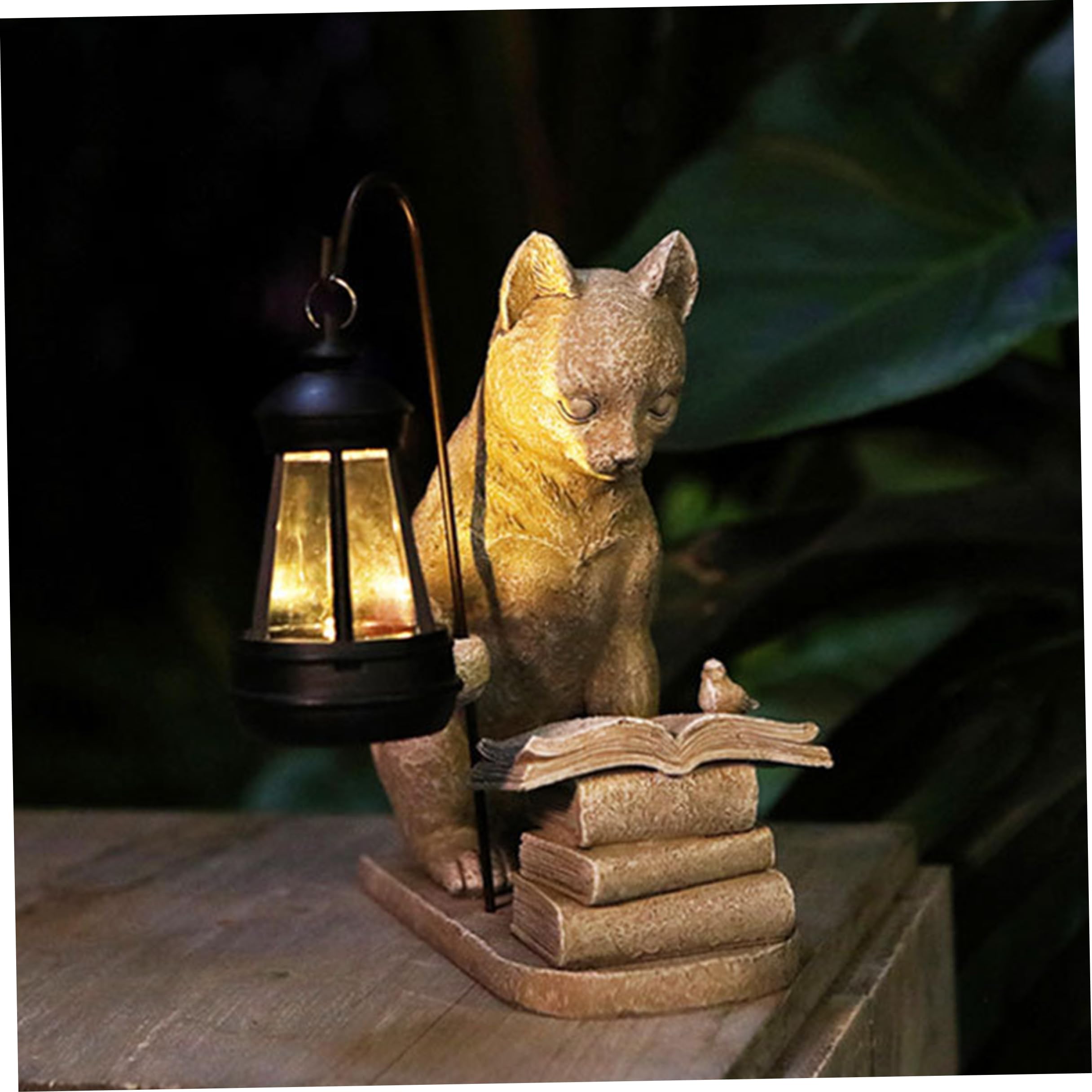 Luci solari per gatti da giardino all'aperto, statua in resina da 8, 3 pollici per gatti con libro di lettura con lanterna solare, figurine decorative impermeabili per patio, decorazioni per prato e b