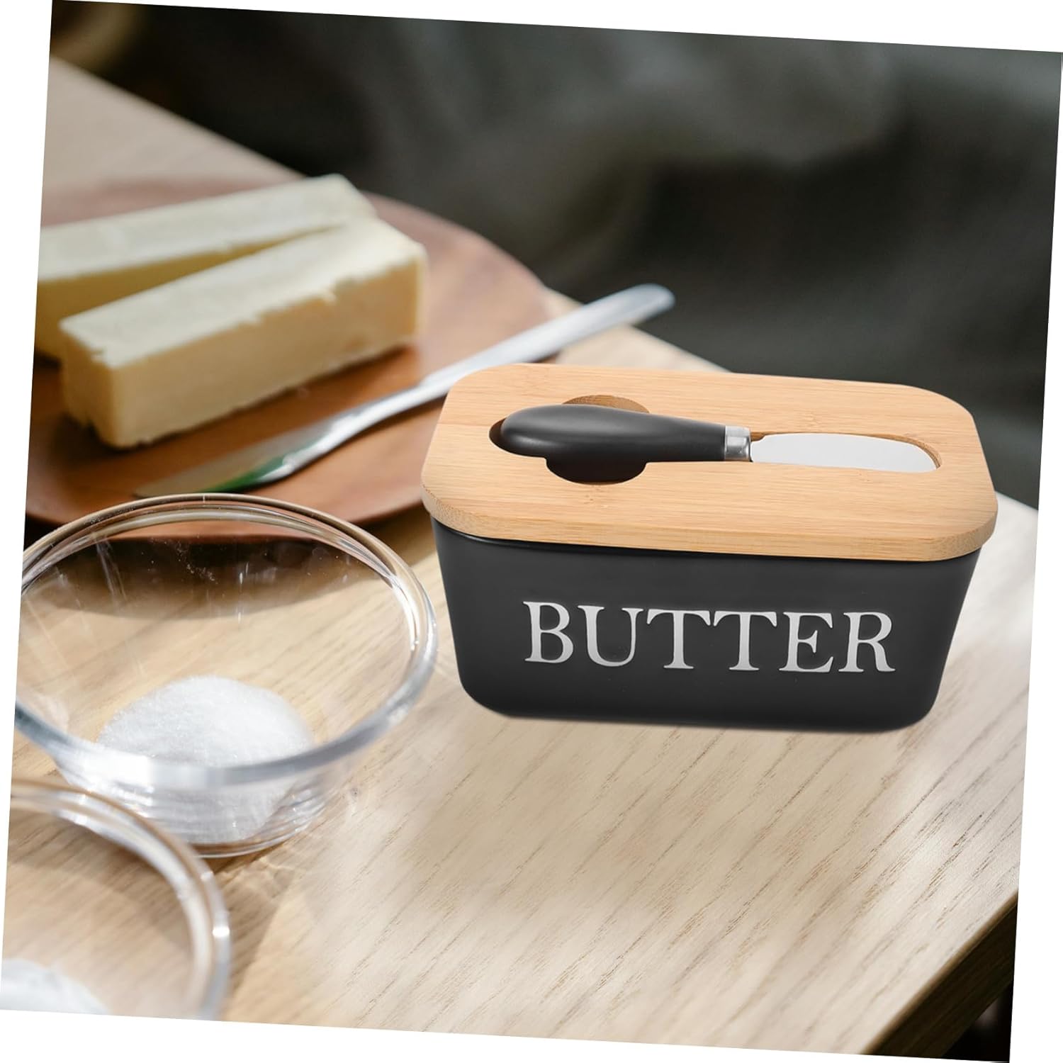 Ceramic Butter Dish with Wooden Lid and Cutter Rectangular Butter Keeper Container for Kitchen and Table Serving Smooth Surface Easy to Clean