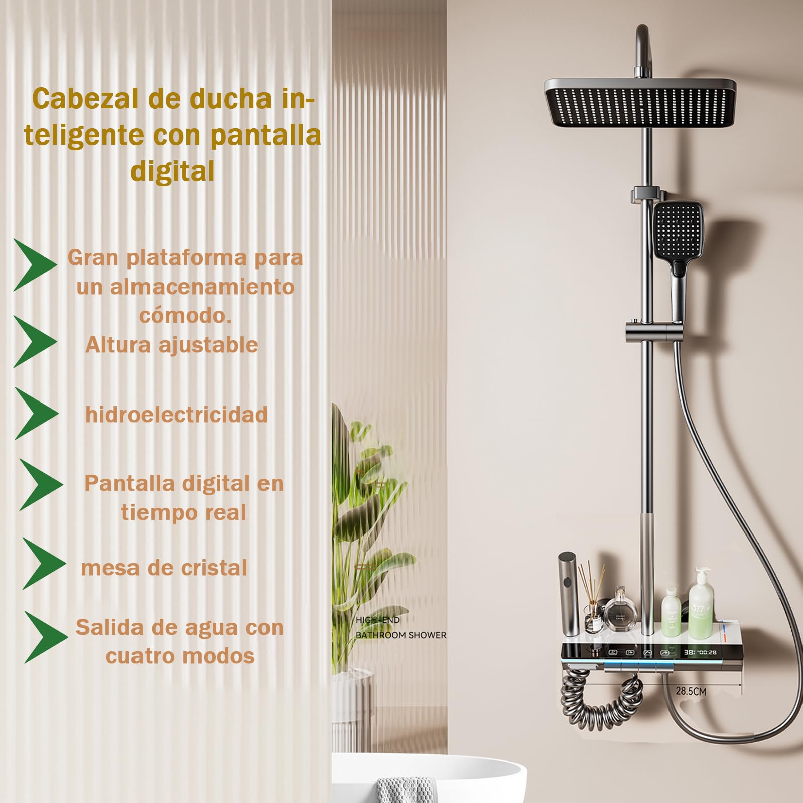 Columna de Ducha 4 en 1 con Pantalla LED Digital, Sistema de Ducha con Lluvia XL, Cascada, Ducha de Mano, Grifo, Altura Ajustable, Sin Electricidad, Luz LED Azul Ideal para Baño Familiar Moderno