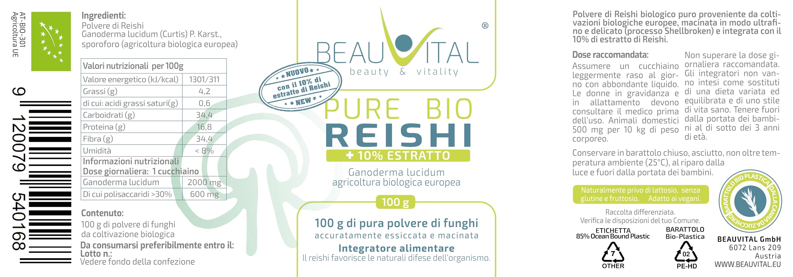 Pure Bio Reishi Ganoderma 100 g con estratto di Reishi biologico al 10% | Nuova formula | Ganoderma lucidum da agricoltura biologica dell'UE, vegan, senza additivi artificiali