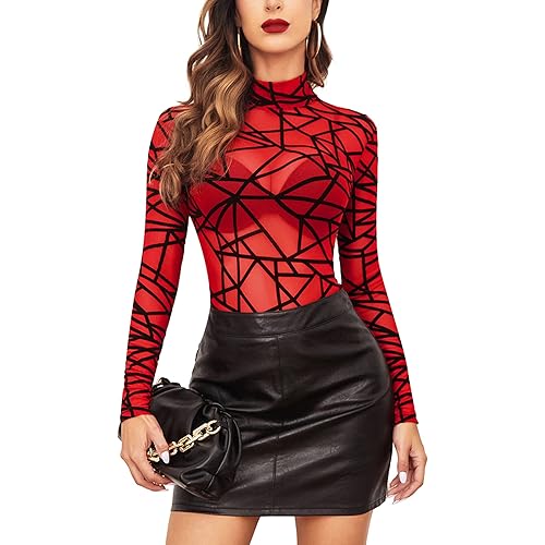 Avidlove Long Sleeve Bodysuit for Women Turtleneck Sheer Mesh Bodysuit Geo Print Leotards