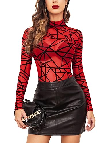 Avidlove Long Sleeve Bodysuit for Women Turtleneck Sheer Mesh Bodysuit Geo Print Leotards - X-Small - Red