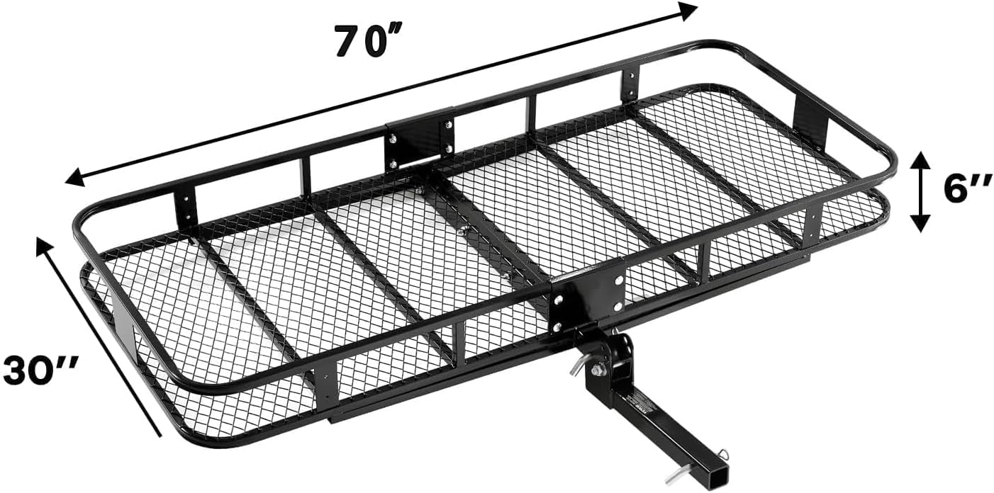 Extra Large Hitch Cargo Carrier, 70" x 30" x 6" Folding Hitch Mount Basket, 500 lb Capacity, Galvanized Steel, Raised Shank, Fits 2" Receiver for SUV Truck Van Car