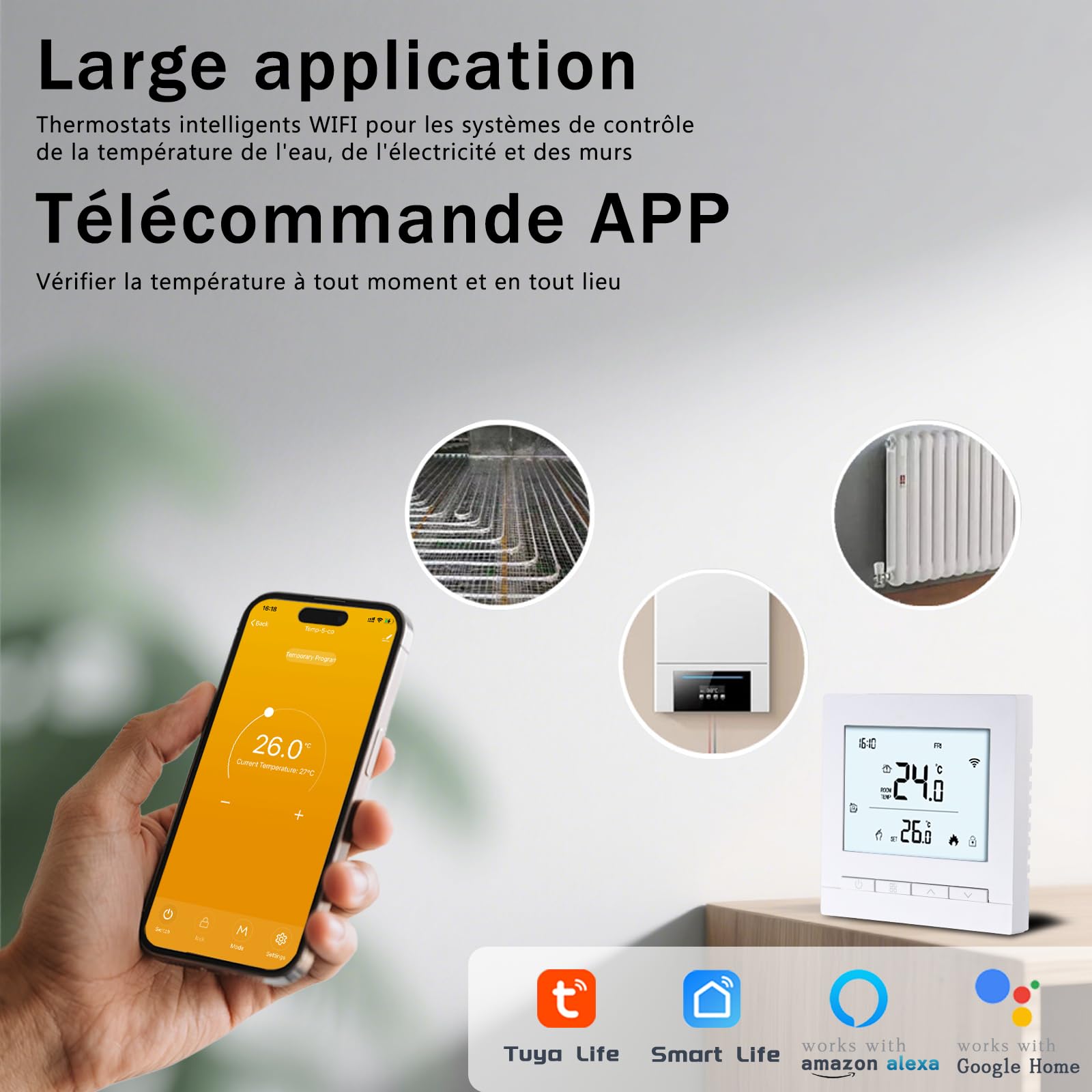 Thermostat Connecté WiFi pour Chauffage de Chaudière Programmable Thermostats d'Ambiance avec LCD Numérique Intelligent Tuya Thermostate de Chauffage à gaz pour Alexa,Google Home,3A Blanc