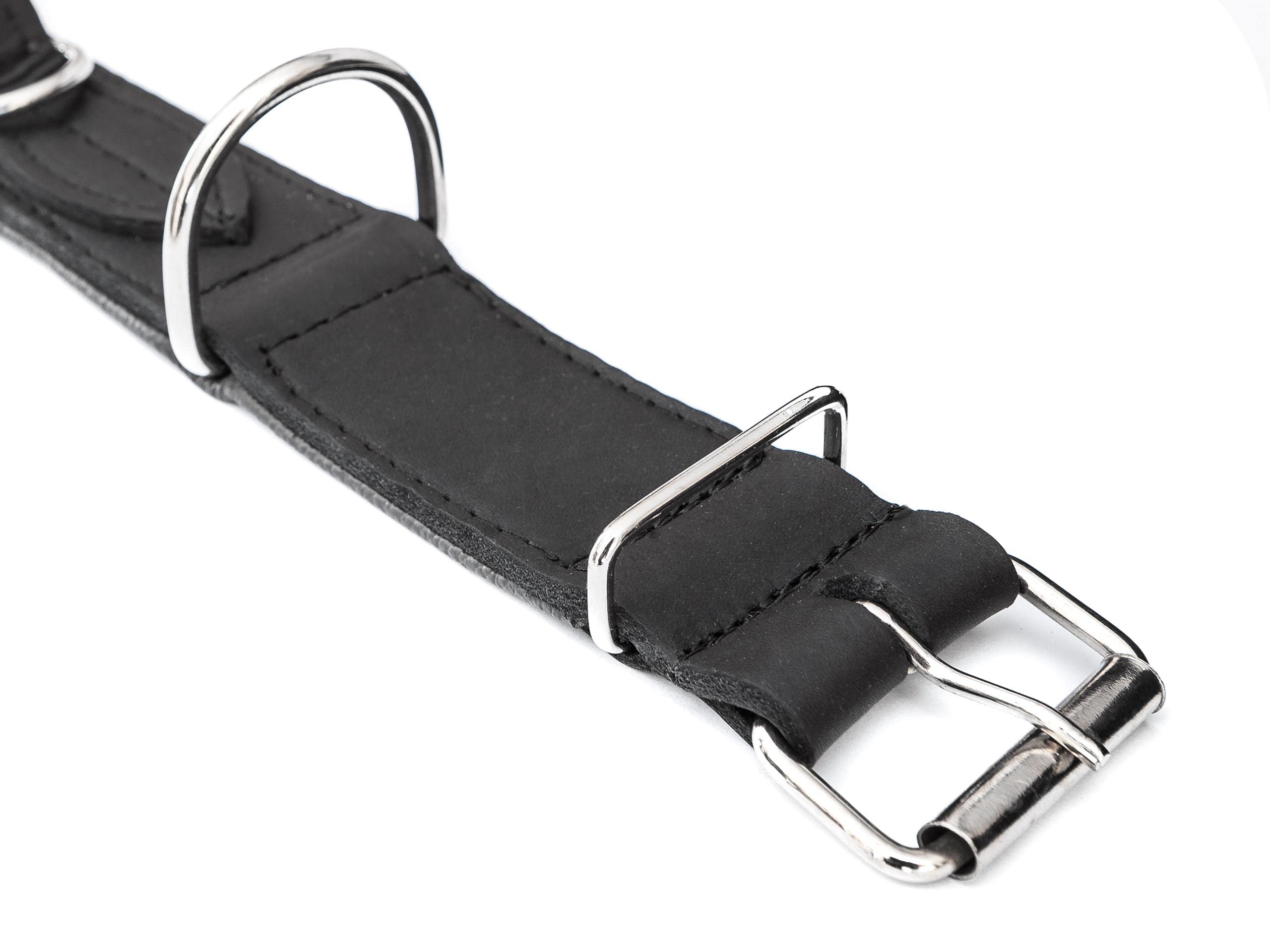 Collier pour chien en cuir avec poignée - Collier en cuir pour chien - Collier avec boucle en métal - Noir - 47-54 cm