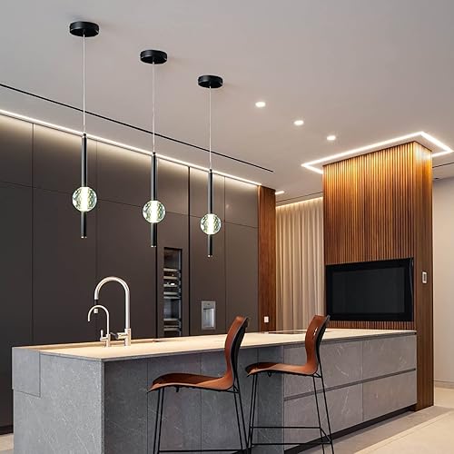 Miniatura 3 de ADCTHOME Lámparas de cocina de techo regulables LED modernas de color negro, mini iluminación colgante con luz colgante de cristal para cocina,