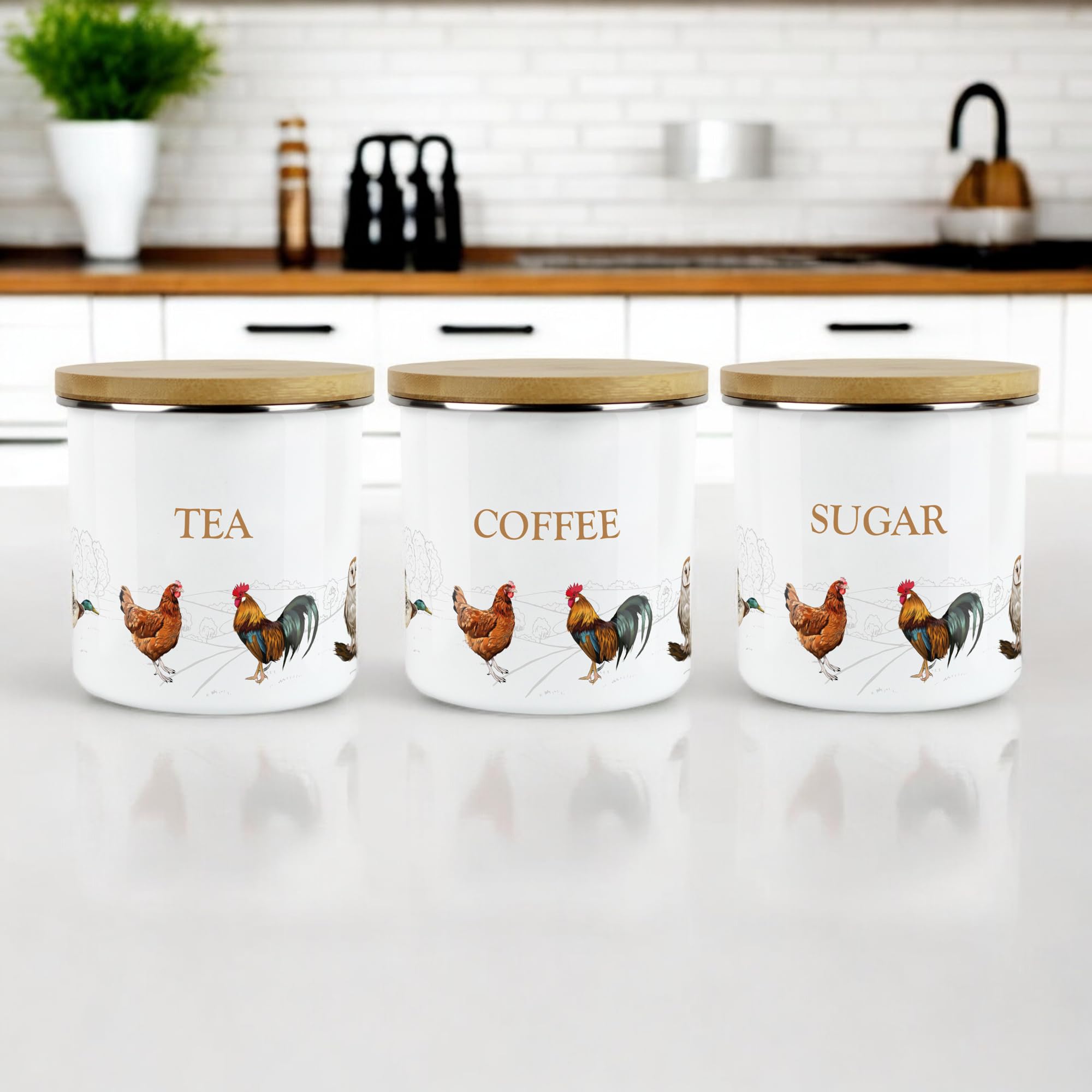 Purely Home Country Farm - Juego de recipientes de almacenamiento de alimentos para té, café y azúcar, color blanco esmaltado
