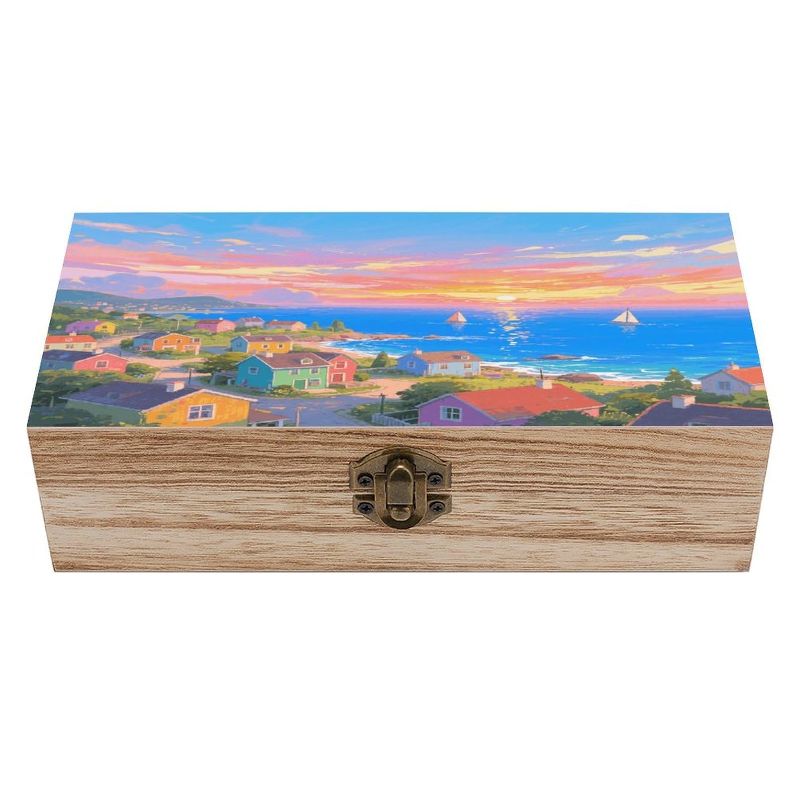 VstaDank Seaside Town Wooden Storage Box Vintage Style Wooden Storage Case with A Hinged Lid Memory Treasure Boxes Decorative Jewelny Photos for Organizer 7.9 * 3.7 * 2.3 Inch