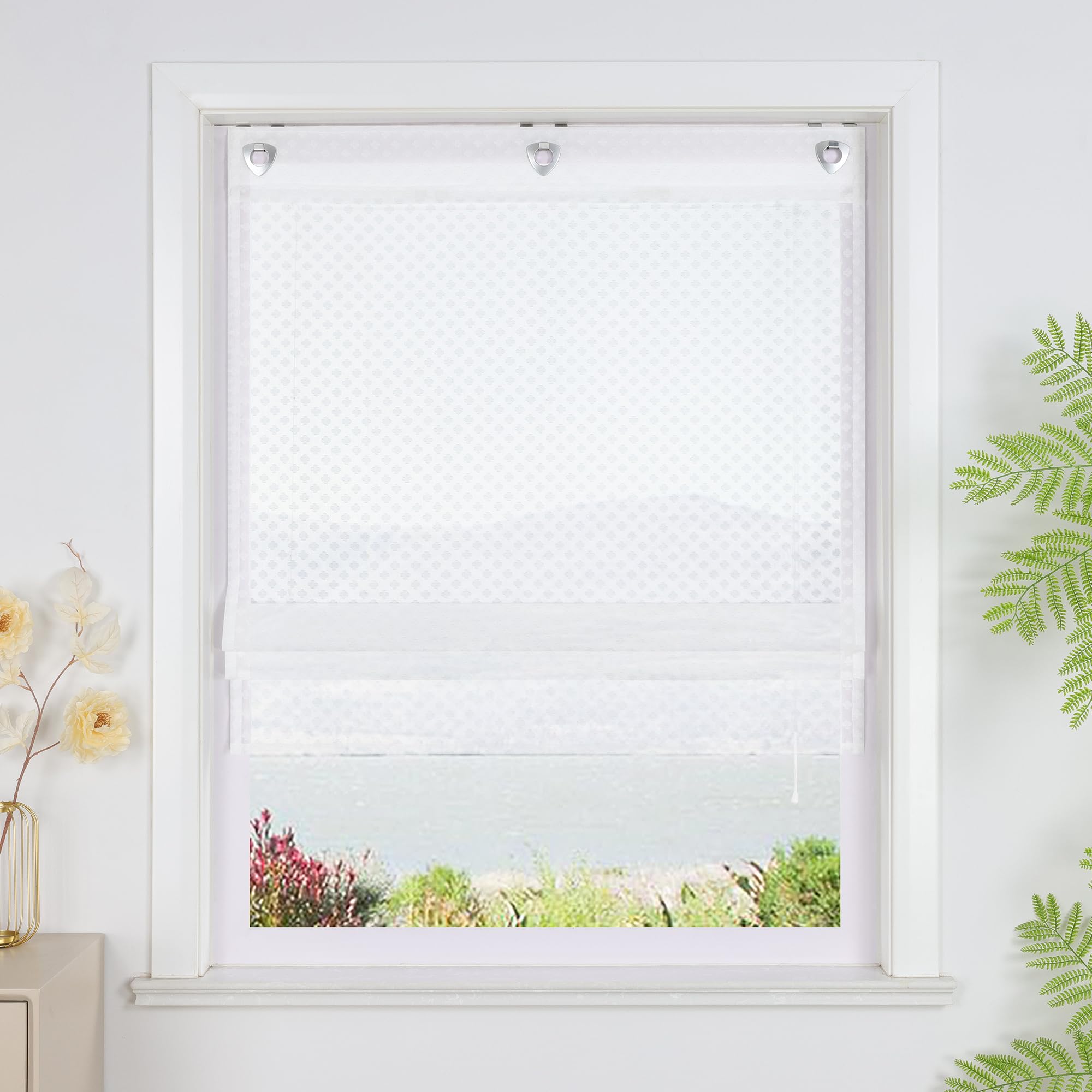 Raffrollo ohne Bohren Transparente Raffgardine mit Ösen Landhaus Rollo mit Blumen 1 Stück BxH 140x140 cm Weiß