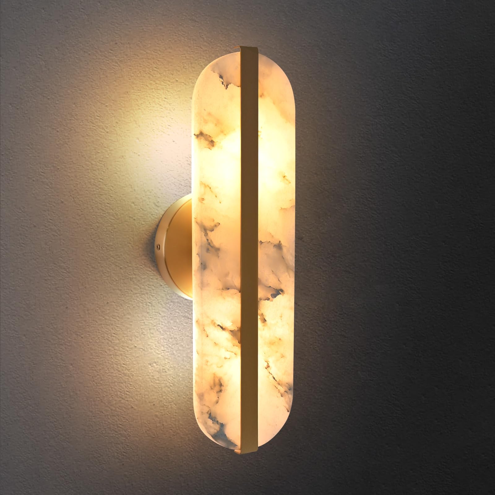 Aetherion Aplique De Pared De Alabastro Natural 15,7'', Lámpara Ovalada Moderna De Mármol, Iluminación Interior Para Baño, Dormitorio, Sala, Pasillo, Restaurante Y Escaleras Gold 1-Pack