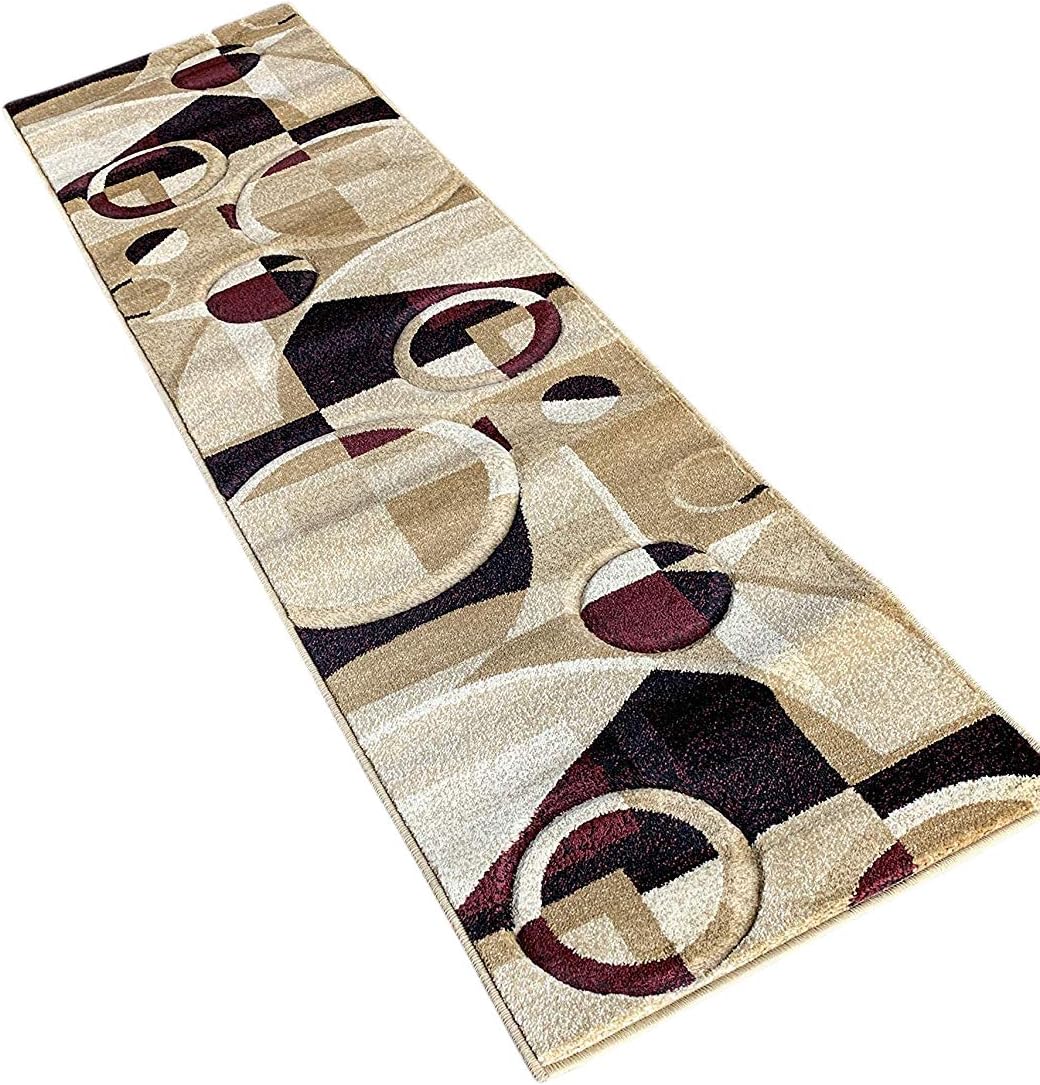 Modern Runner Area Rug 400,000 Point Black Burgundy Beige Contemporary Design 322 (2 Feet X 7 Feet 3 Inch)