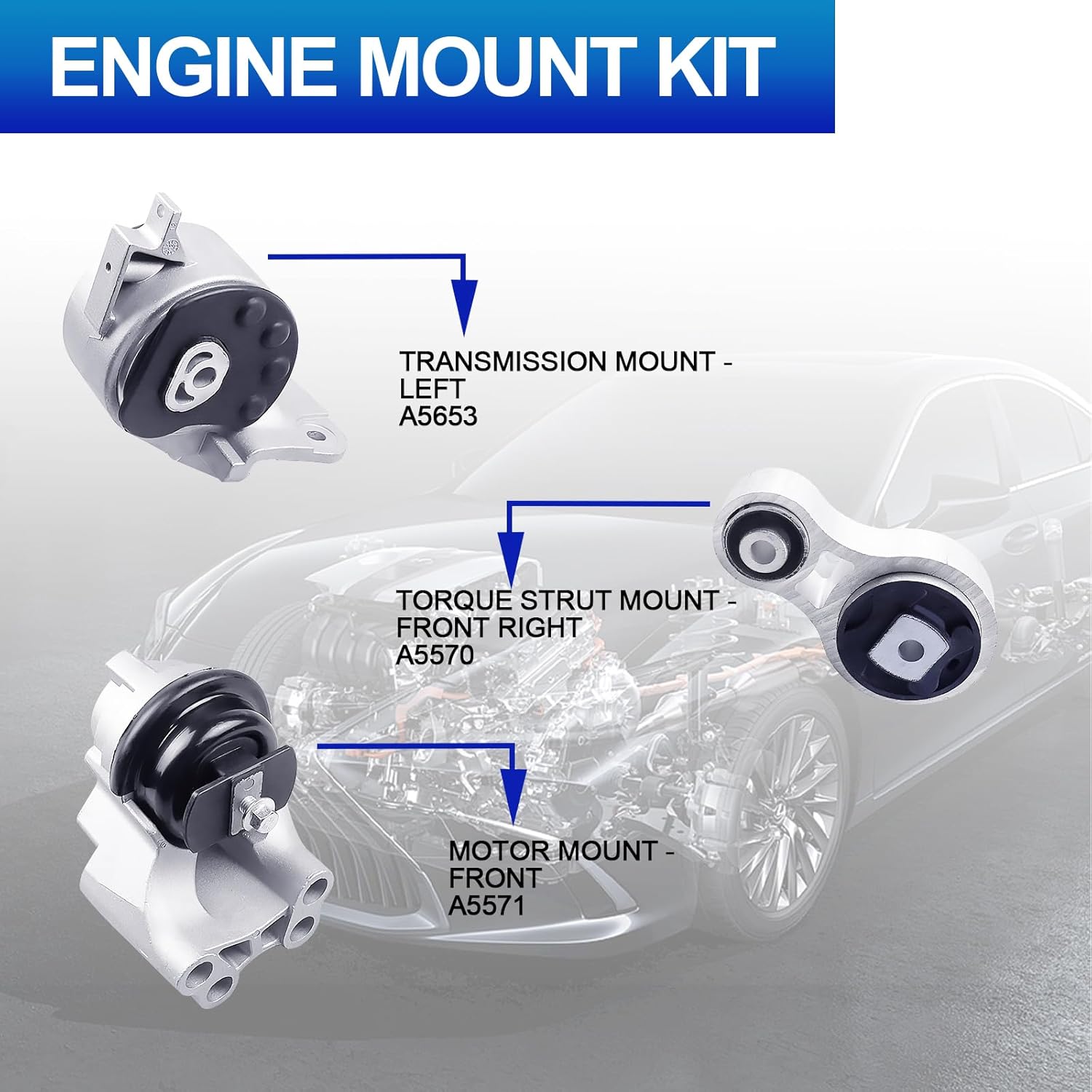 Engine Motor Mounts Set - Compatible with Ford Fusion 2010-2012 & Lincoln MKZ 2007-2012, 3.5L, Replace# A5571 A5570 A5653, Set of 3