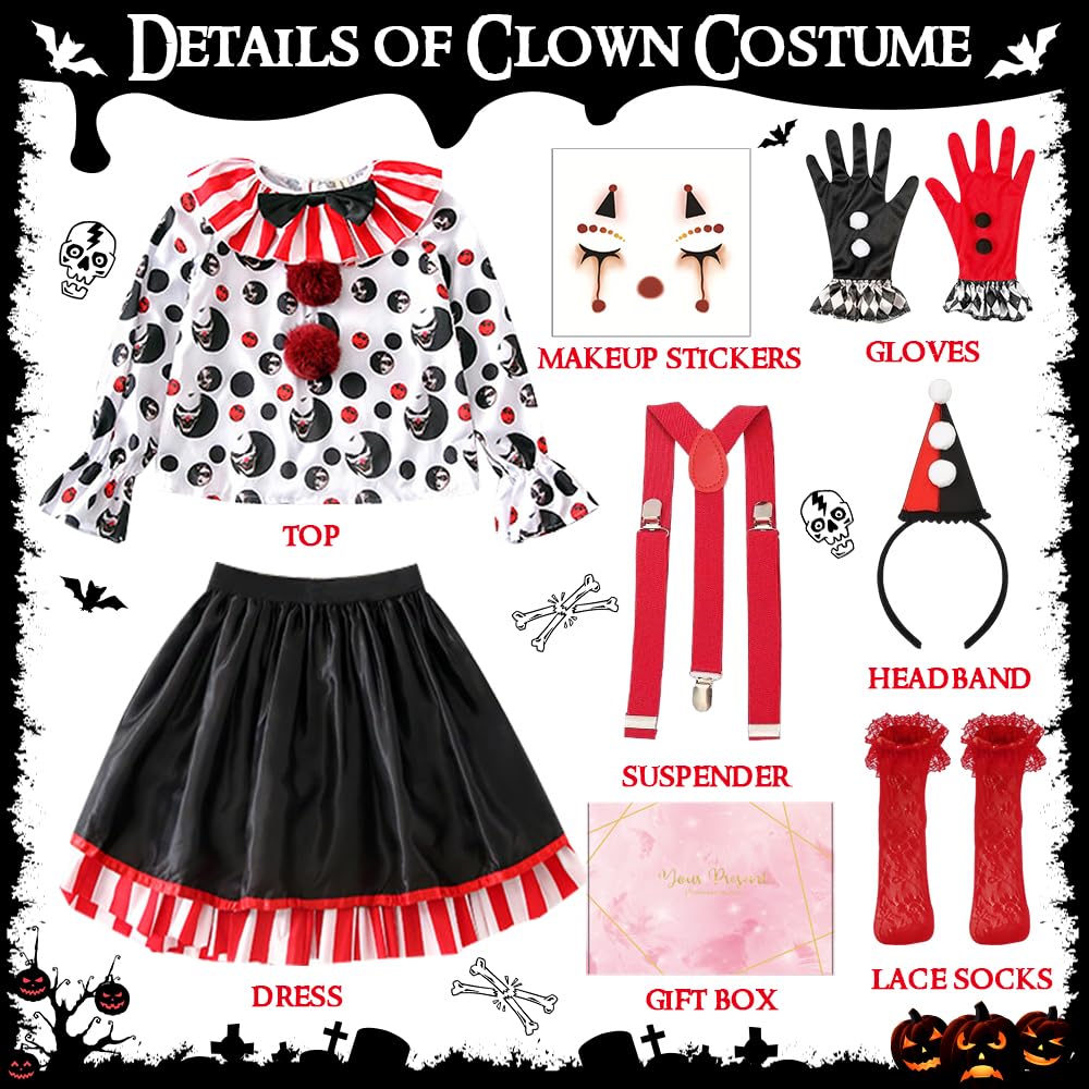 Costume da Clown per Bambina, Halloween Costume Outfit con Cappello