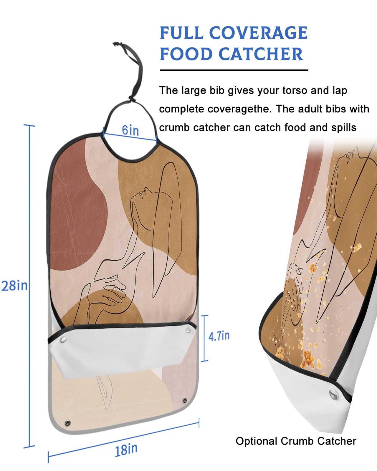 Middle Century Abstract Art Adult Bibs for Eating, Waterproof Bibs with Food Catcher & Adjustable Snap Closure, Minimalistic Painting Washable Clothing Protectors Adult Bibs for Elderly Women/Men