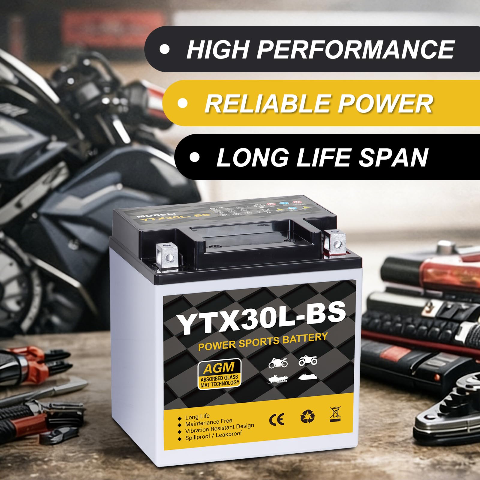 YTX30L-BS Motorcycle Battery 12V 30Ah 400CCA, Maintenance Free Sealed AGM Powersport Battery, Replacement for ATV UTV Harley, YTX30L-BS / ETX30LA / YIX30L - 5