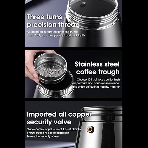 Miniatura 8 de Jiawu Moka - Cafetera clásica para estufa, cafetera Greca de acero inoxidable estilo italiano y cubano, cafetera espresso superior de cristal de