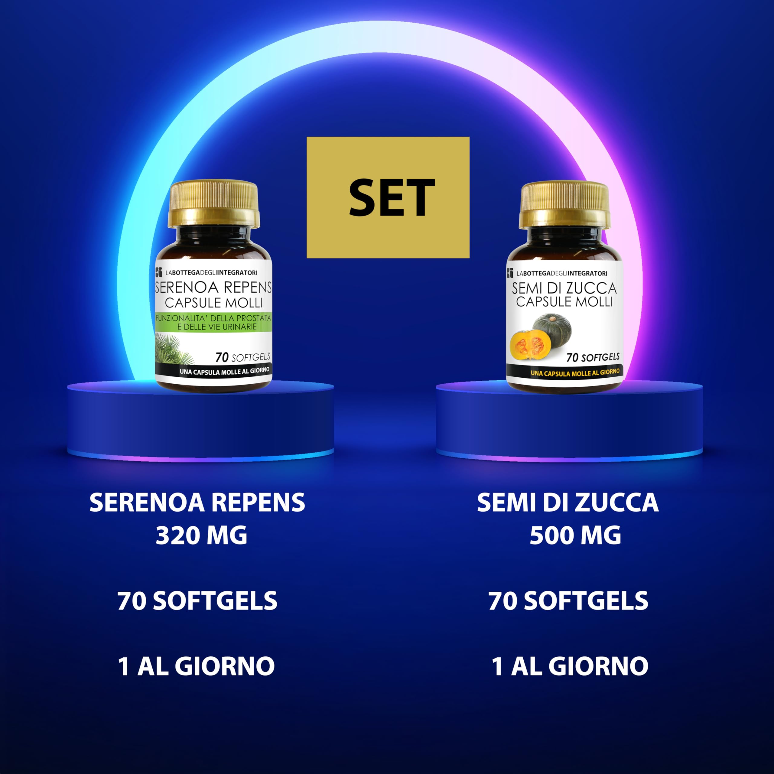 Set di integratori in Softgels per la Prostata e per le Vie Urinarie | Serenoa Repens 70 Perle + Semi di Zucca 70 Capsule Molli | LA BOTTEGA DEGLI INTEGRATORI