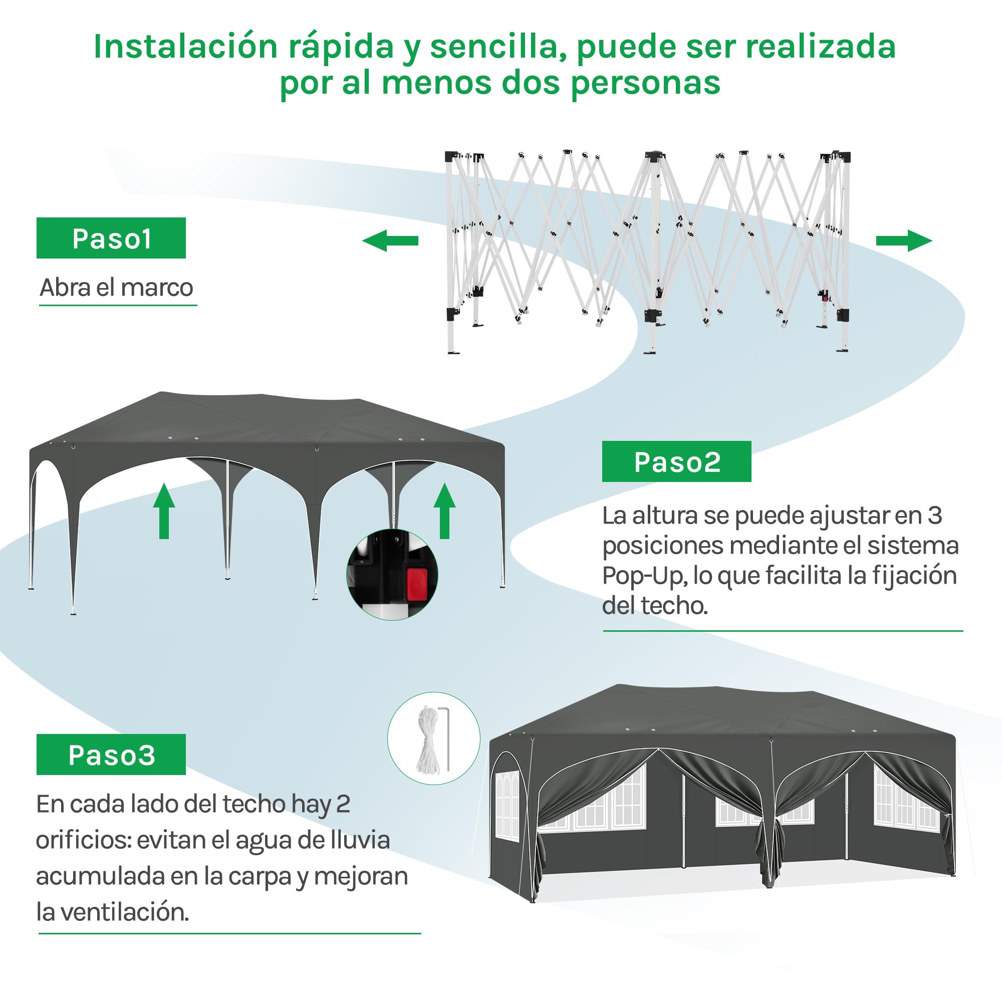 Laneetal Carpa Plegable 3x6 M, Gazebo de Jardín con 6 Paredes Laterales con Cremalleras En Las Ventanas, Pergola Jardín para Exterior, Pabellón Cenador para Camping y Fiestas, Gris