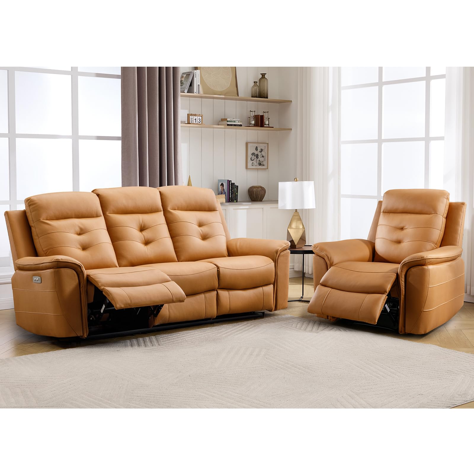 ANJ 2-Piece Oversied Faux Leather Power Recliner Sofa Set with Charging Port, Include Single Recliner Chair and Electric 3-Seater Reclining Couches for Living Room, Yellow