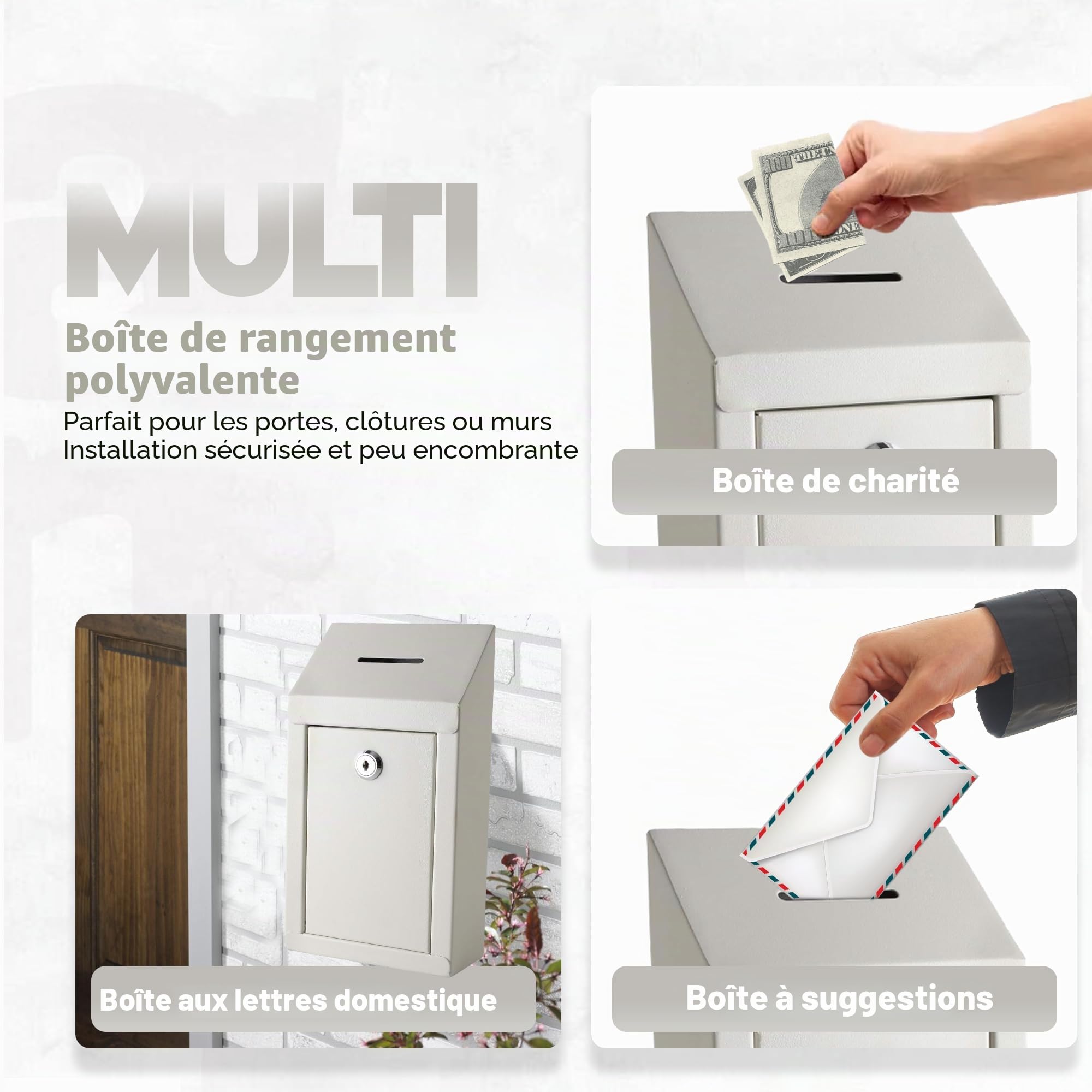 Boîte à suggestions en métal avec fente supérieure pour pièces de monnaie et serrure incluses avec 2 clés – Montage mural facile ou utilisation sur le comptoir (blanc cassé)