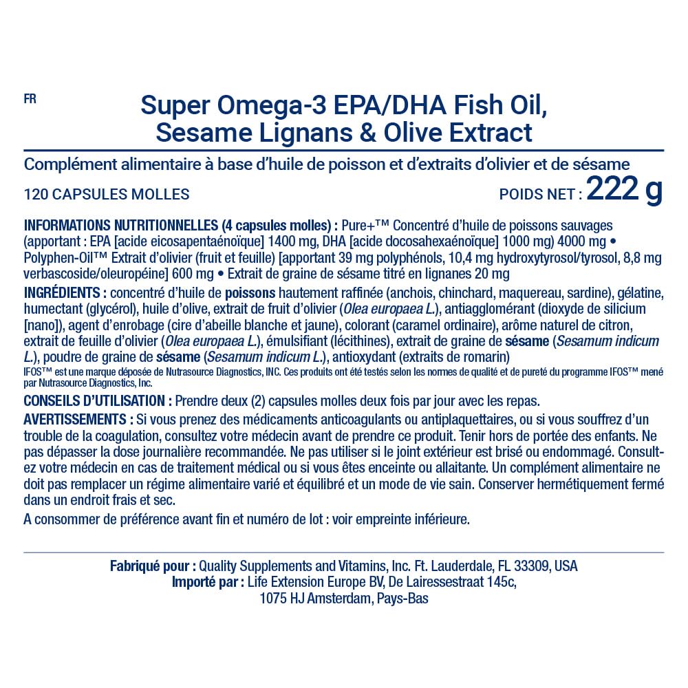 Life Extension - Super Omega-3 Plus EPA/DHA 120 Gélules - Lignanes de Sésame, Extrait d'Olive - Oméga-3 Haute Dose pour la Santé Cardiaque et Cérébrale