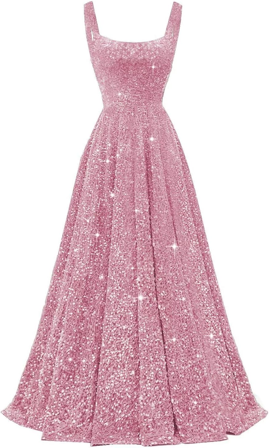 Sequin Prom Dress for Women Spaghetti Straps Formal Dresses 2026 A Line Evening Gown with Pocket
