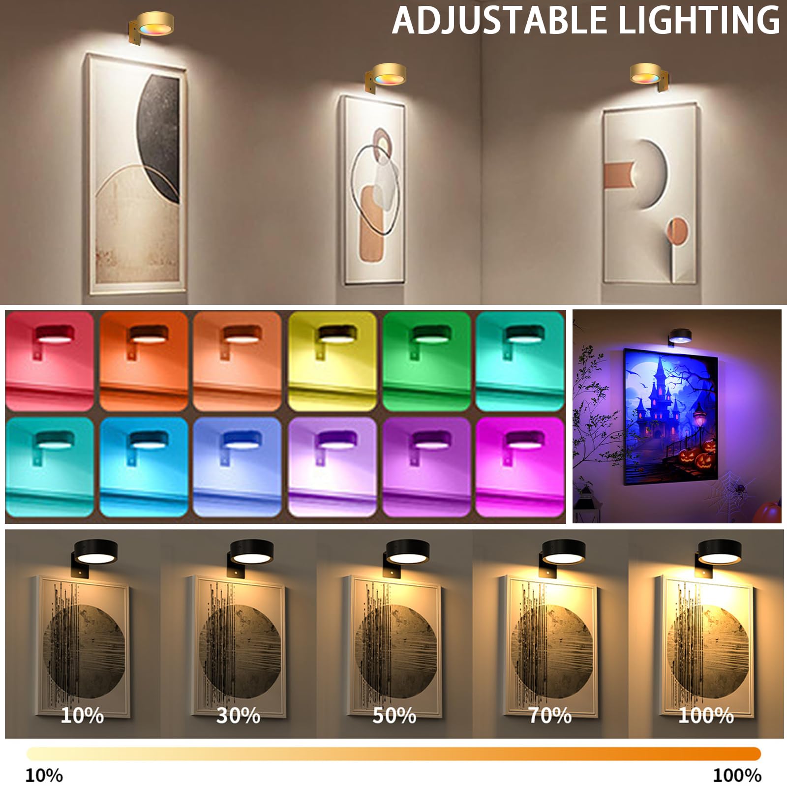 LUKIUP 2 pièces Lampe Tableau Sans Fil Rechargeable, 2600mAh Lampes Magnétiques Avec Télécommande, LED Spot 3 Couleurs de Lumière, Applique Murale Intérieure Cadre Photo, Images, Mur (Doré)