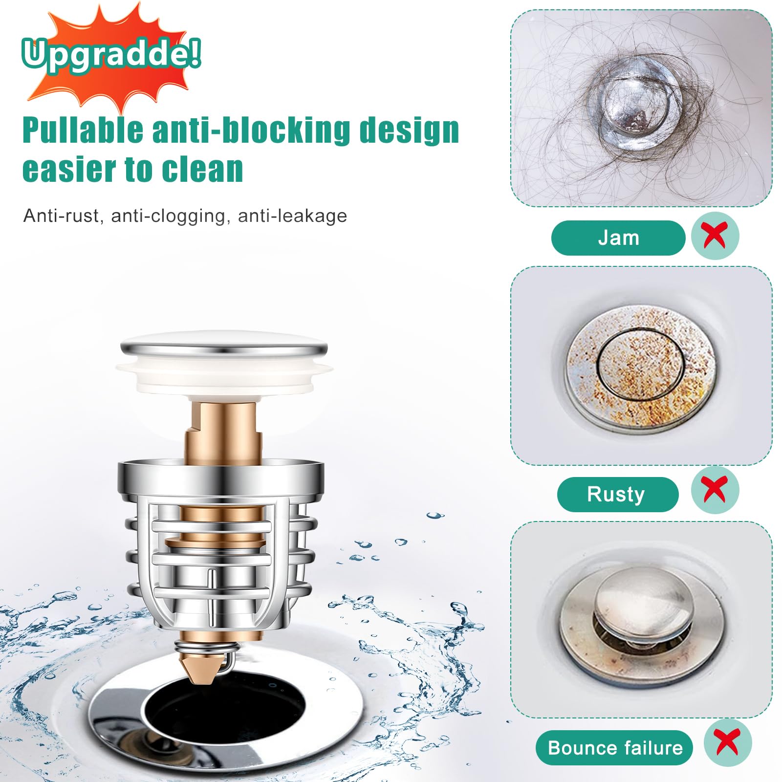 Diboniur Tappo Lavandino Bagno del Bagno Aggiornato, Tappo Bidet Universale Pop up，Tappo di scarico in metallo per vasca da bagno, cucina, lavabo (apertura foro di scarico 32-41 mm) - 3