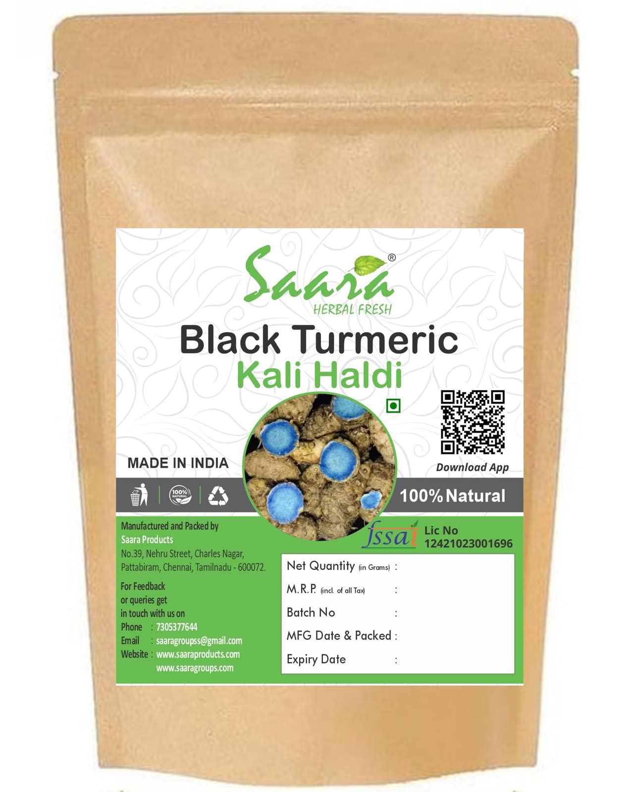 Saara HERBAL FRESH Kali Haldi, (100gram) Karumanjal, Narkachur,Curcuma Zerumbet, Zedoary Root,Black Turmeric (Pack of 1 X 100g) Brown Zipper Package (B0C2YNSRS8) Amazon Price History, Amazon Price Tracker
