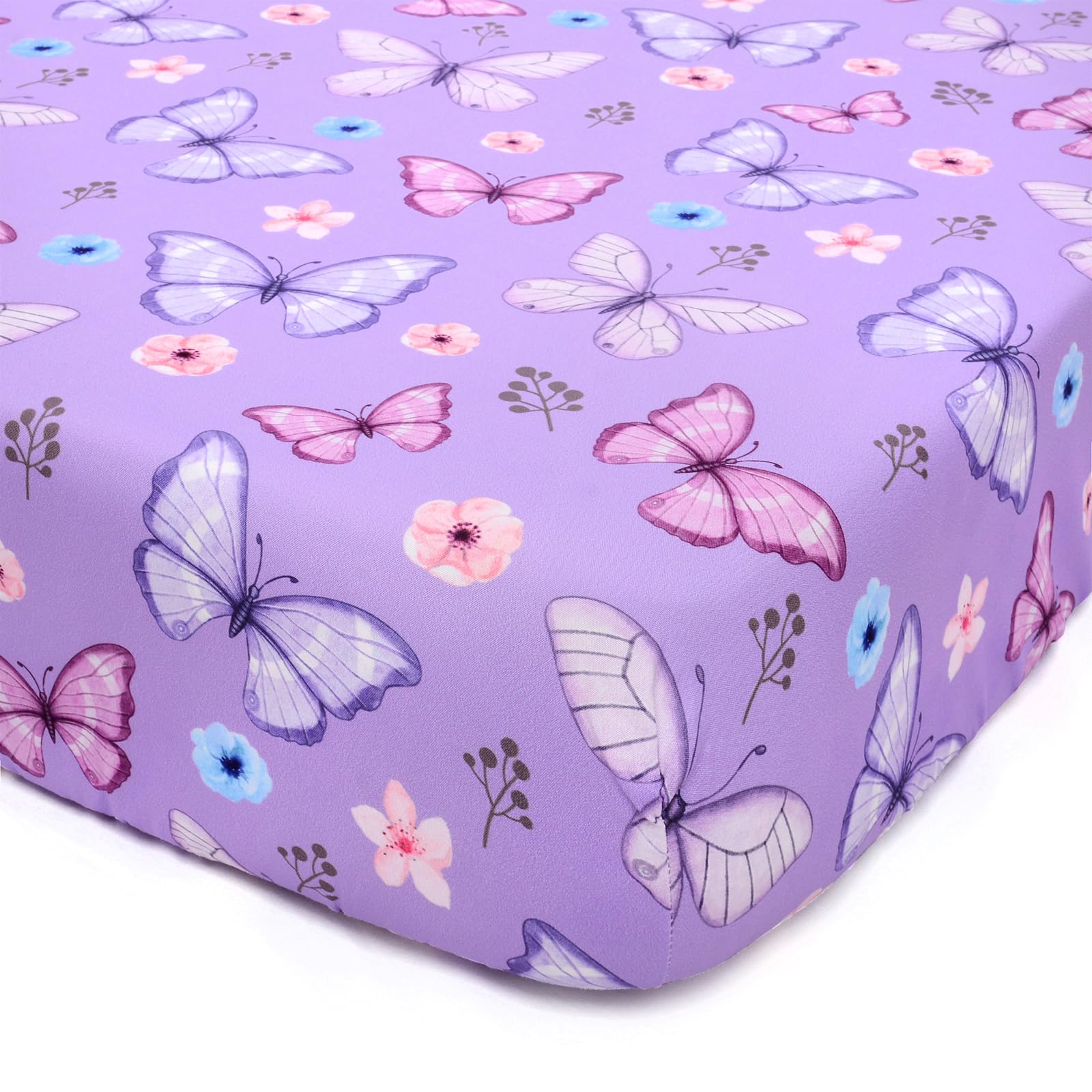 JISEN Baby Crib Sheets - Soft Breathable Butterfly Fitted Sheets for Baby Bed - Boys and Girls 60x120cm to 70x132cm Purple