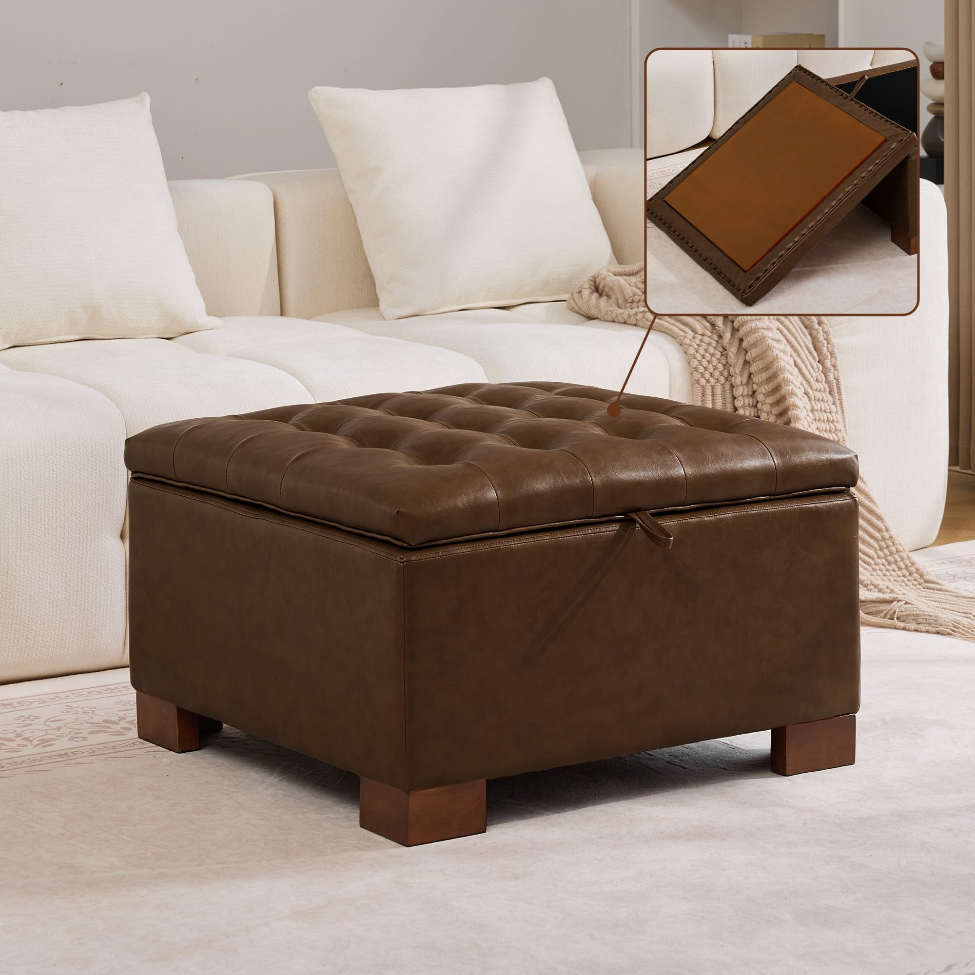 WUTUTUEE 30" Faux Leather Square Storage Ottoman with Wooden Tray, Modern Tufted Button Footstool Coffee Table, Upholstered Large Ottoman for Living Room, Bedroom, Coffee