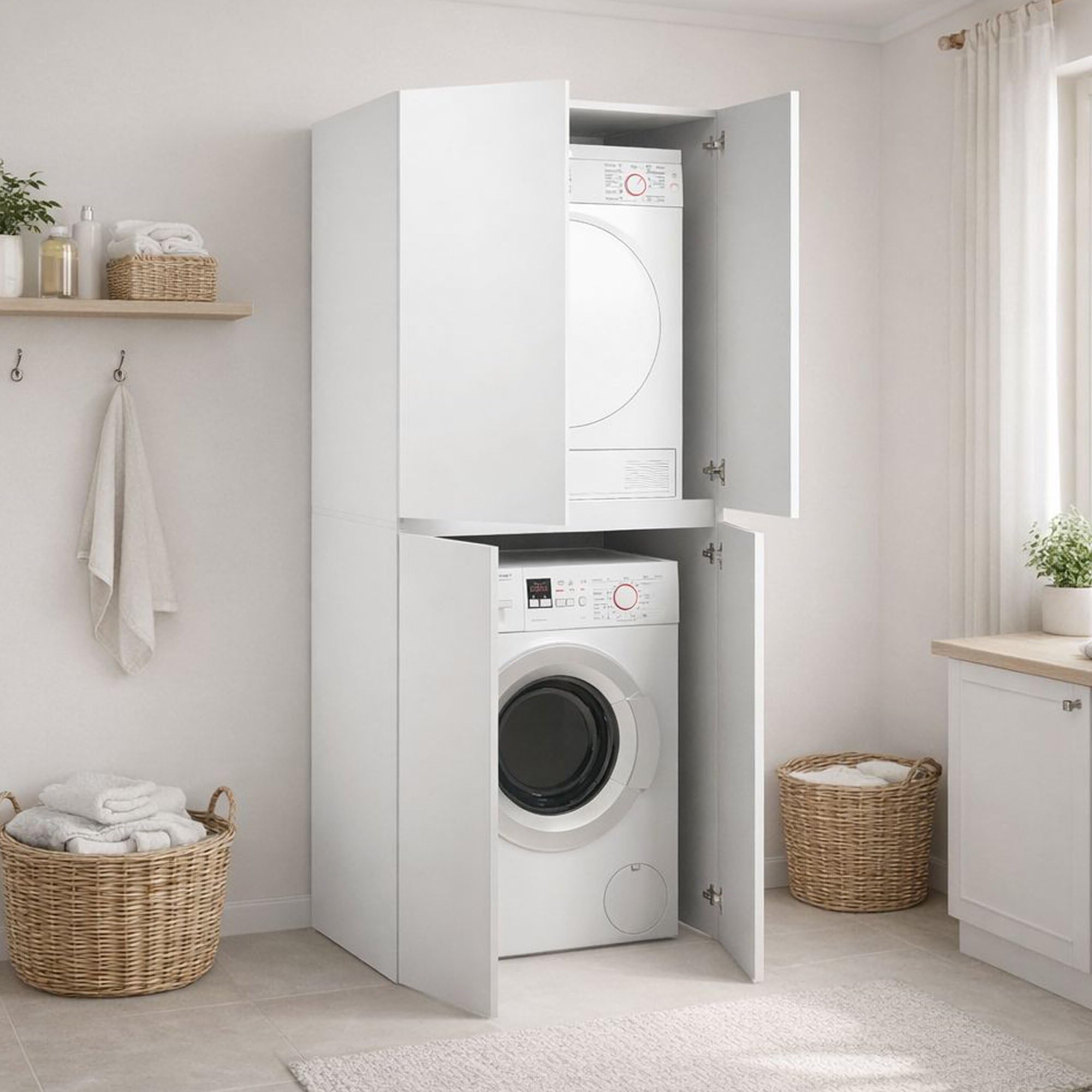 Dmora Armadio Multiuso Grande Lobelia 70x195h cm Bianco un Ripiano Apertura Battente, Porta Lavatrice e Asciugatrice Made in Italy