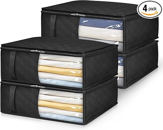 MISSLO Bed Sheet Organizers and Storage Queen/King Size Sheet Folder 4 Pack Linen Closet Organizer with Clear Window Blanket Storage Bags for Bedsheets, Pillow Cases, Towels, Clothes