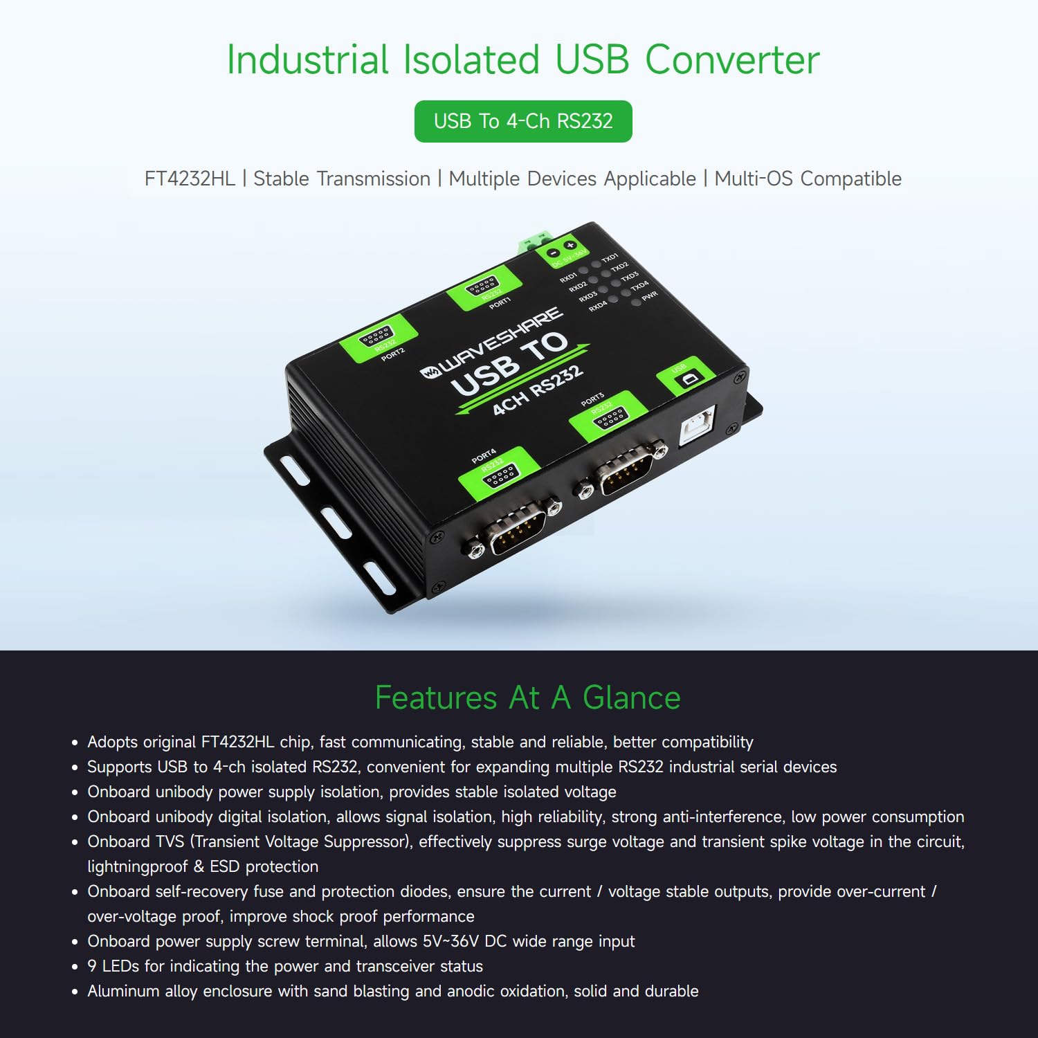 Waveshare Industrial Isolated USB to 4CH RS232 Converter DB9 Female FT4232HL High-Speed Stable Communication