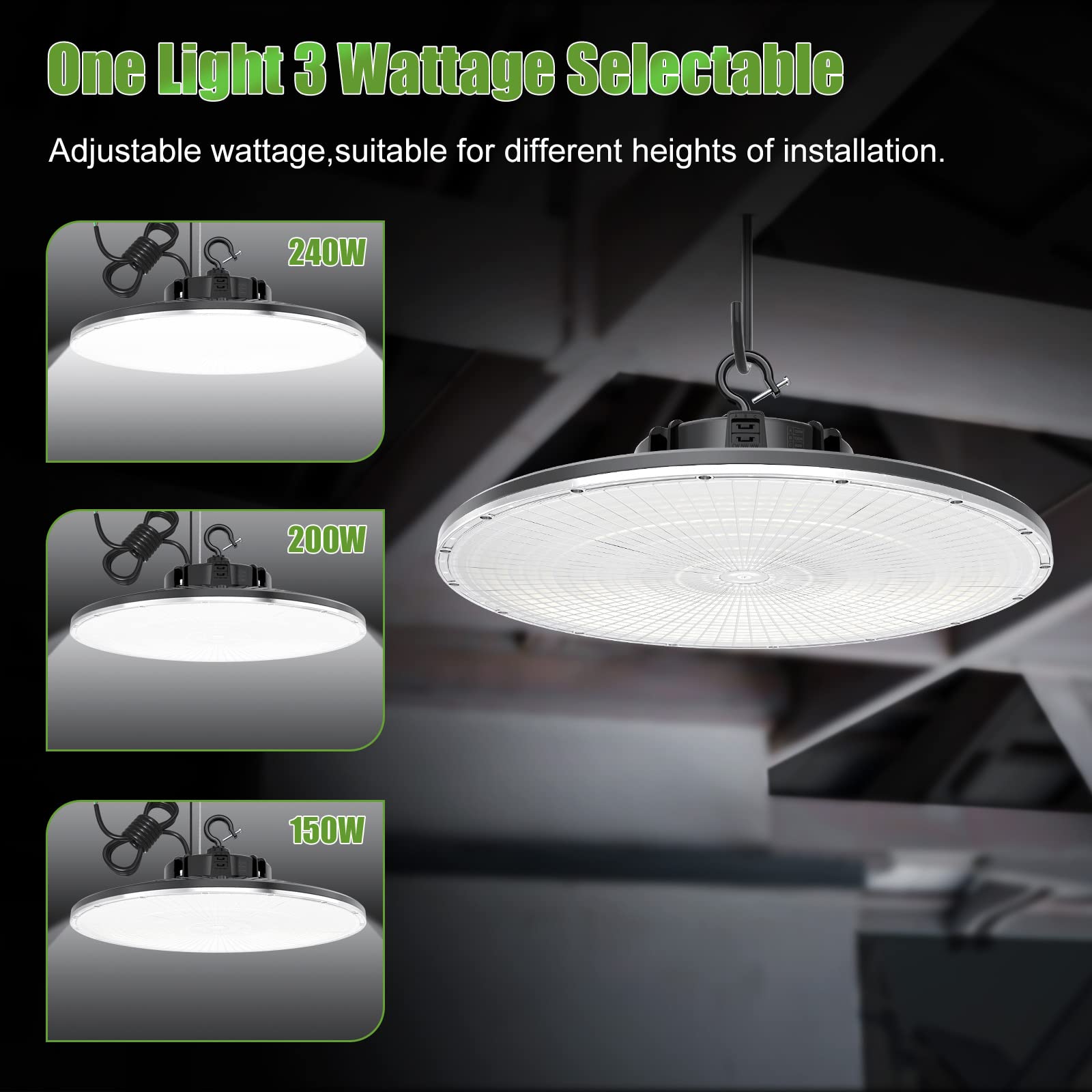 UFO LED High Bay Light 240W 200W 150W Adjustable 3000K 4000K 5000K Adjustable UL DLC Listed 140LM W — view 3