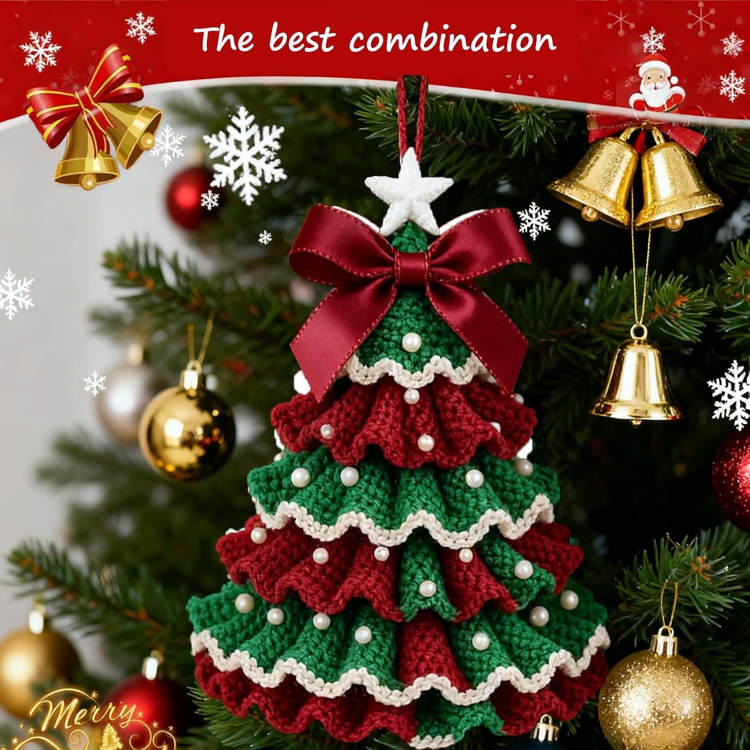 DIY Crochet Christmas Tree Kit, Handmade Woven Christmas Tree, Crochet Christmas Craft for Beginners, Christmas Craft Kit with Yarn Hook Beads Instructions (White and Green)