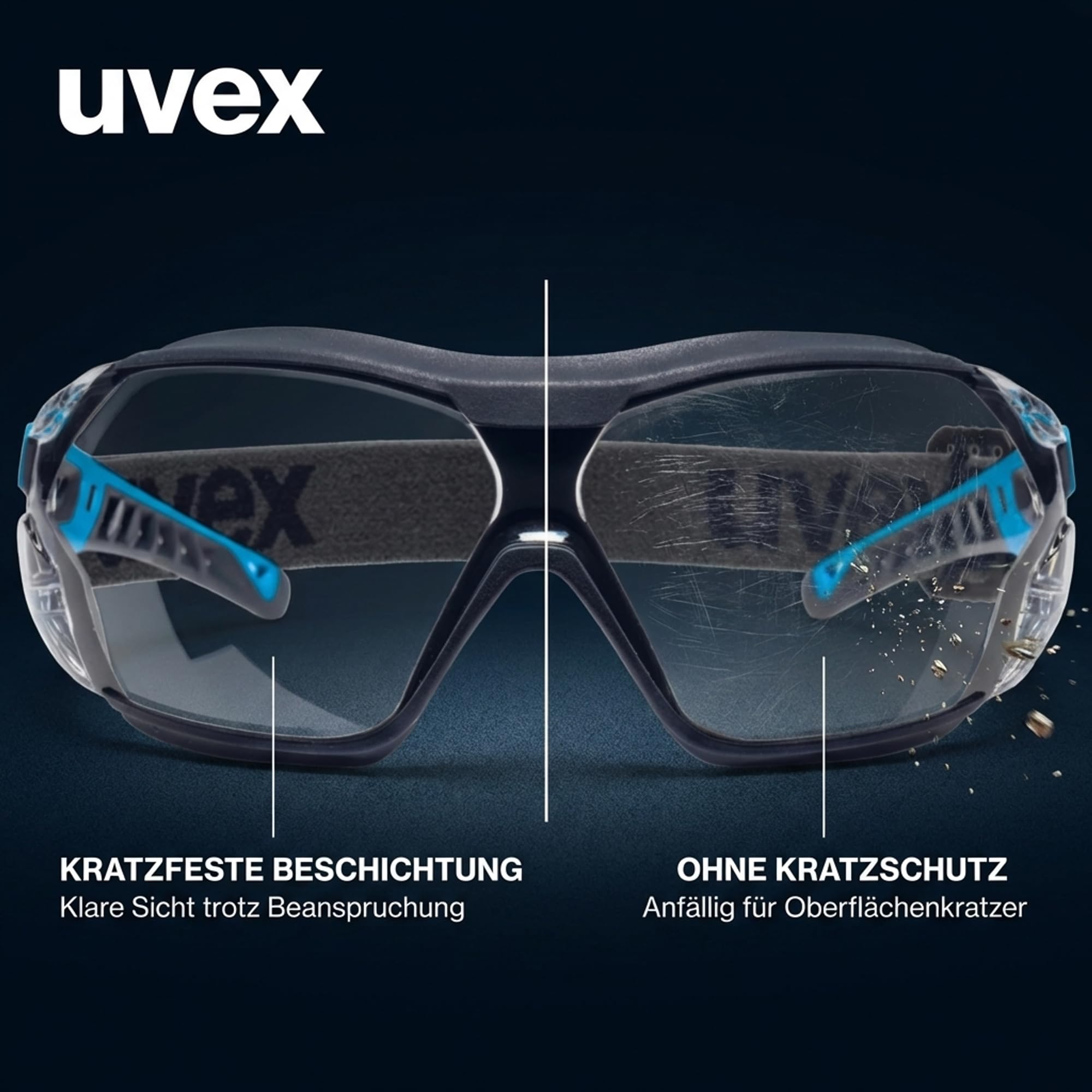 Uvex pheos nxt guard Gafas de seguridad con protección UV 100%, sin condensación, exteriores extremadamente resistentes a los arañazos y sin metales, con diadema, transparente, azul/antracita